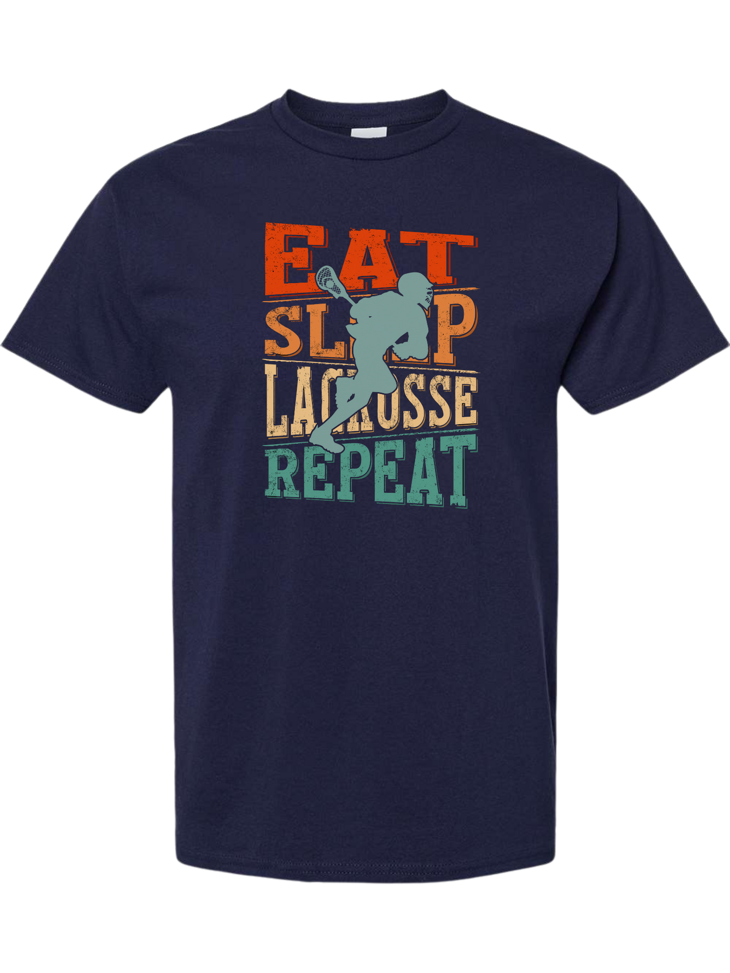 EAT. SLEEP. LACROSSE. REPEAT. distressed classic navy unisex crewneck tee