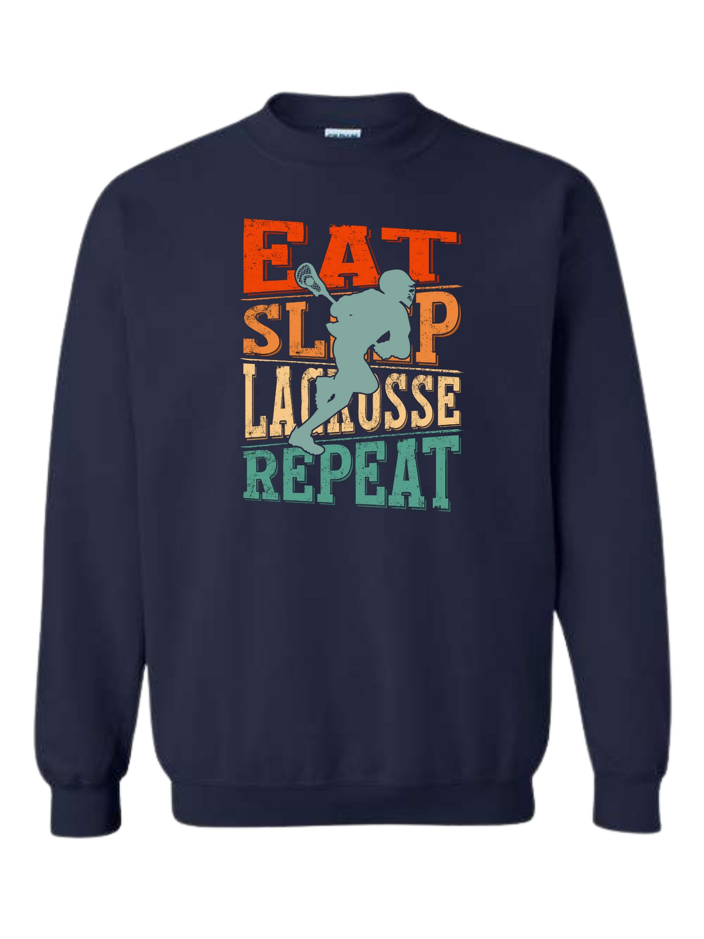 EAT. SLEEP. LACROSSE. REPEAT. distressed classic navy unisex crewneck tee