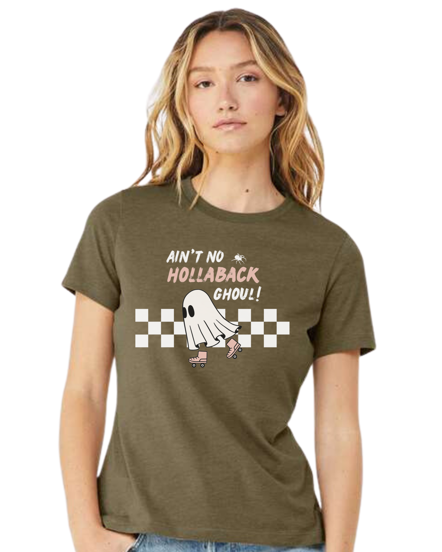 Ain't No Hollaback Ghoul retro graphic Women's fit premium crewneck tee Olive