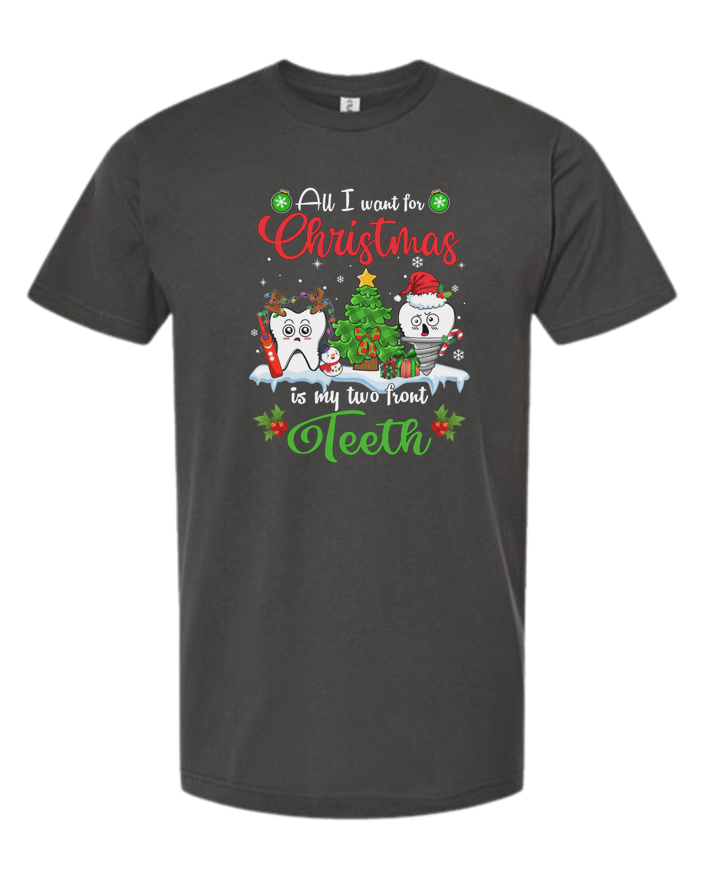 "All I want for Christmas is my two front teeth" Christmas teeth characters graphic Unisex crew-neck graphic tee Charcoal Grey