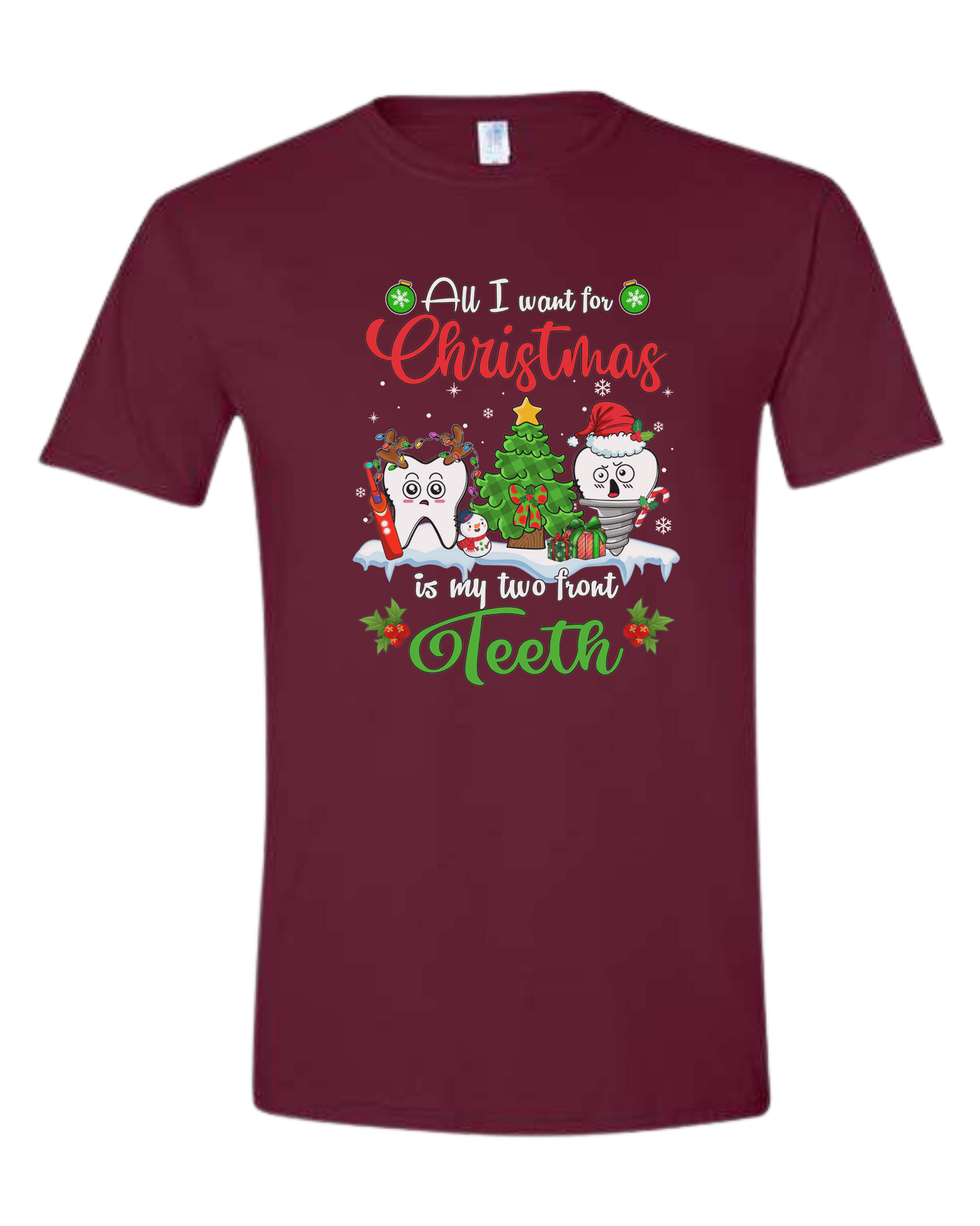"All I want for Christmas is my two front teeth" Christmas teeth characters graphic Unisex crew-neck graphic tee Maroon
