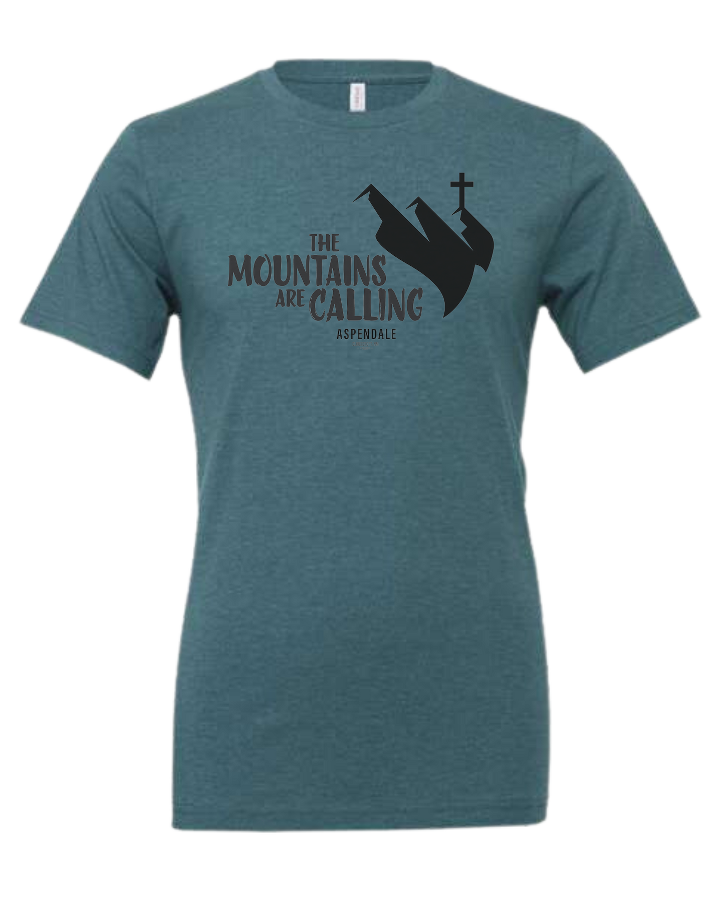 Aspendale "Mountains are Calling" graphic (black) Premium unisex crewneck tee Heather Teal