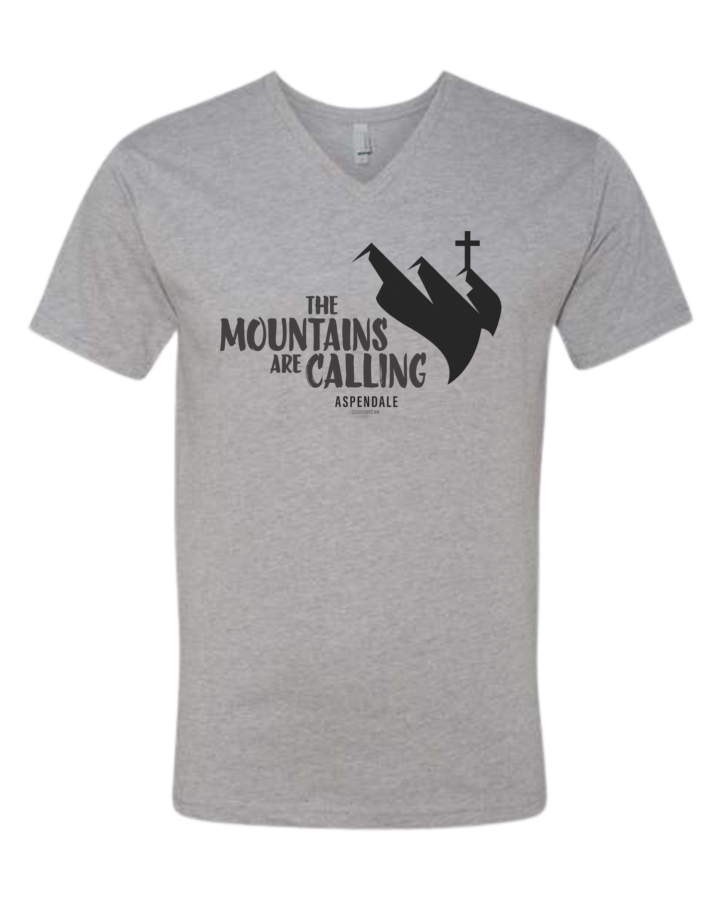 Aspendale "Mountains are Calling" graphic (black) Premium unisex v-neck tee Heather Grey