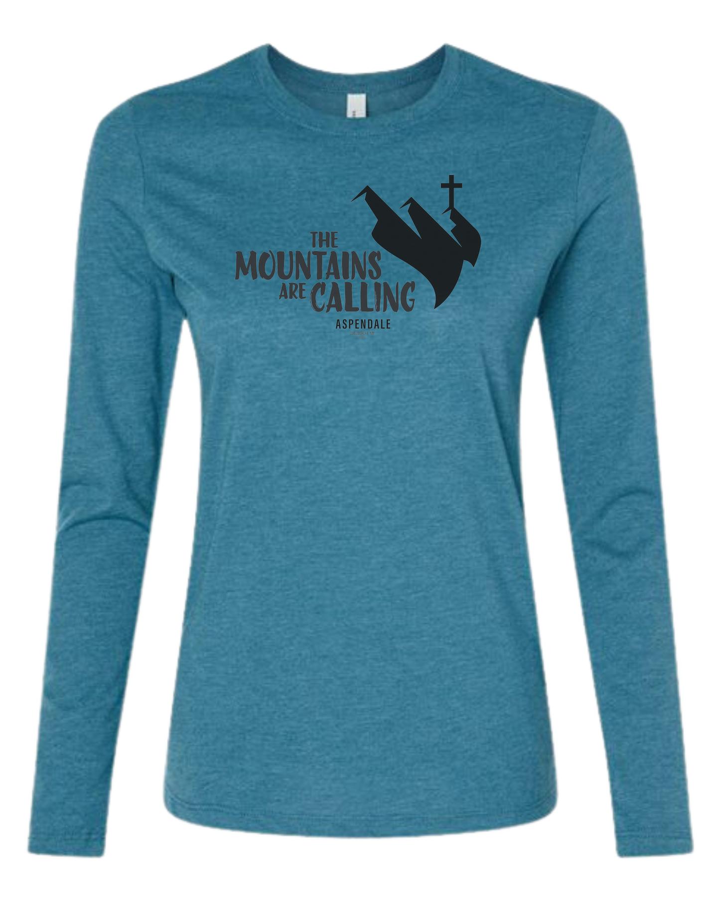 Aspendale "Mountains are Calling" graphic (black) Women's fit crewneck long sleeve fit Heather Teal