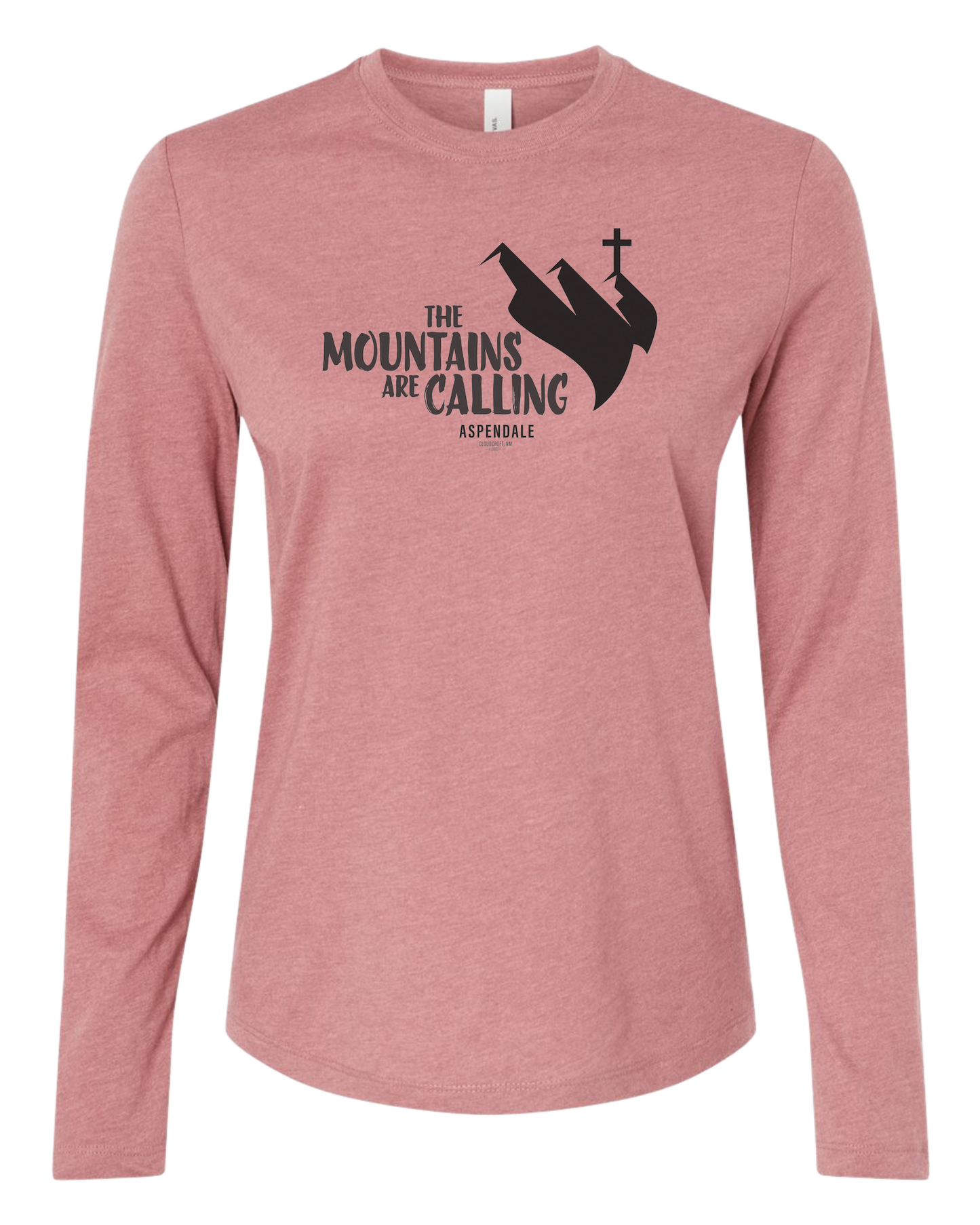 Aspendale "Mountains are Calling" graphic (black) Women's fit crewneck long sleeve fit Mauve Pink