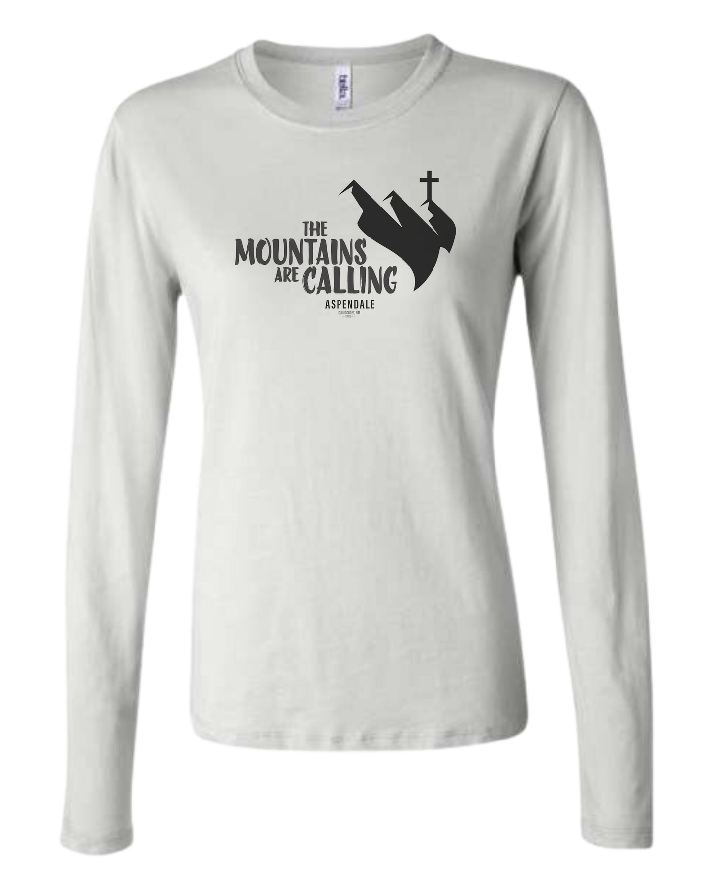 Aspendale "Mountains are Calling" graphic (black) Women's fit crewneck long sleeve fit White
