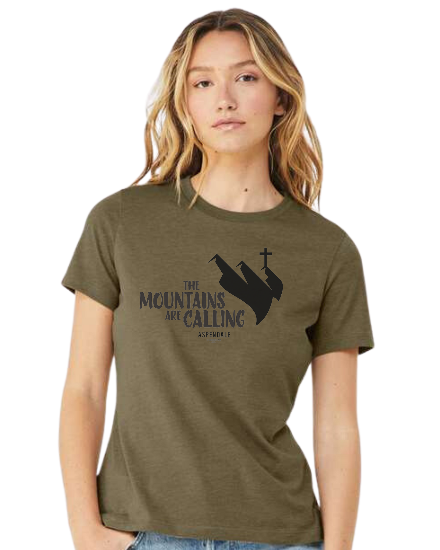 Aspendale "Mountains are Calling" graphic (black) Women's fit premium crewneck tee Olive