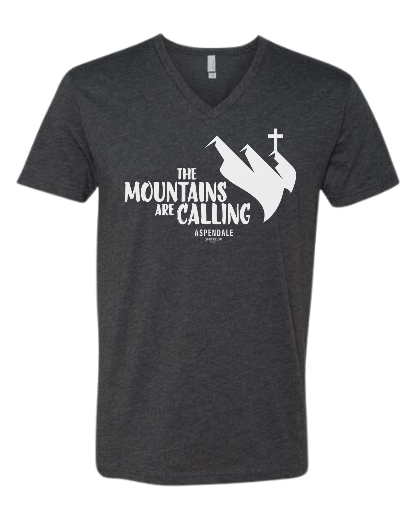 Aspendale "Mountains are Calling" graphic (white) Premium unisex v-neck tee Charcoal