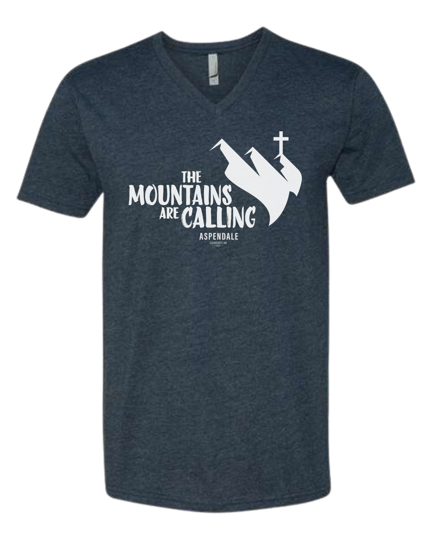 Aspendale "Mountains are Calling" graphic (white) Premium unisex v-neck tee Heather Navy