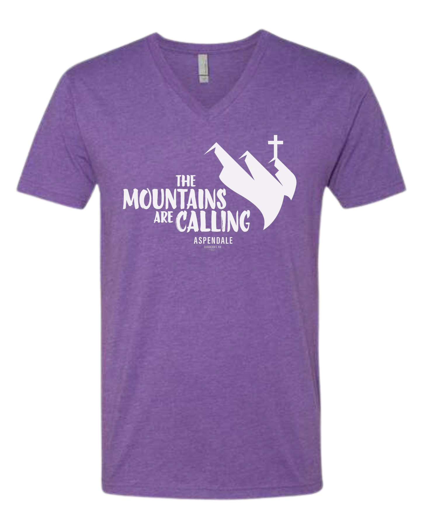 Aspendale "Mountains are Calling" graphic (white) Premium unisex v-neck tee Heather Purple