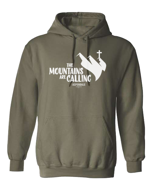 Aspendale "Mountains are Calling" graphic (white) Unisex Classic Hoodie Military Green