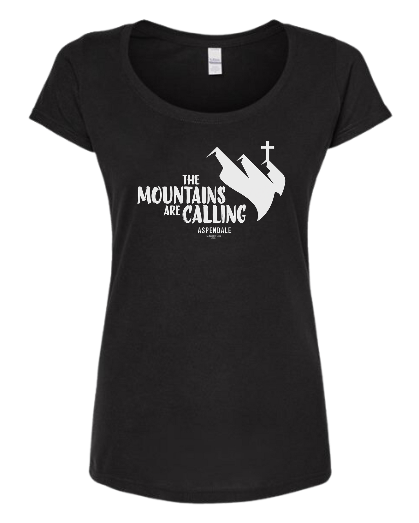 Aspendale "Mountains are Calling" graphic (white) Women's fit scoop neck tee Black