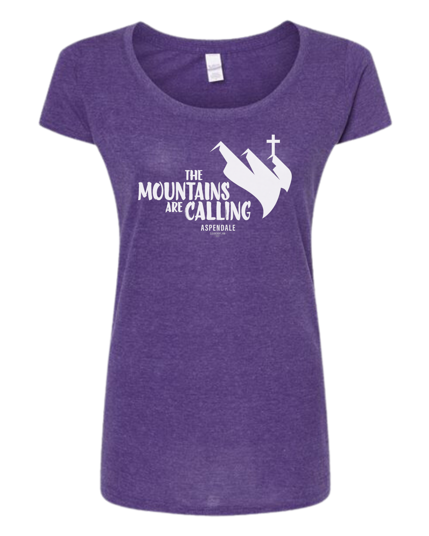 Aspendale "Mountains are Calling" graphic (white) Women's fit scoop neck tee Heather Purple