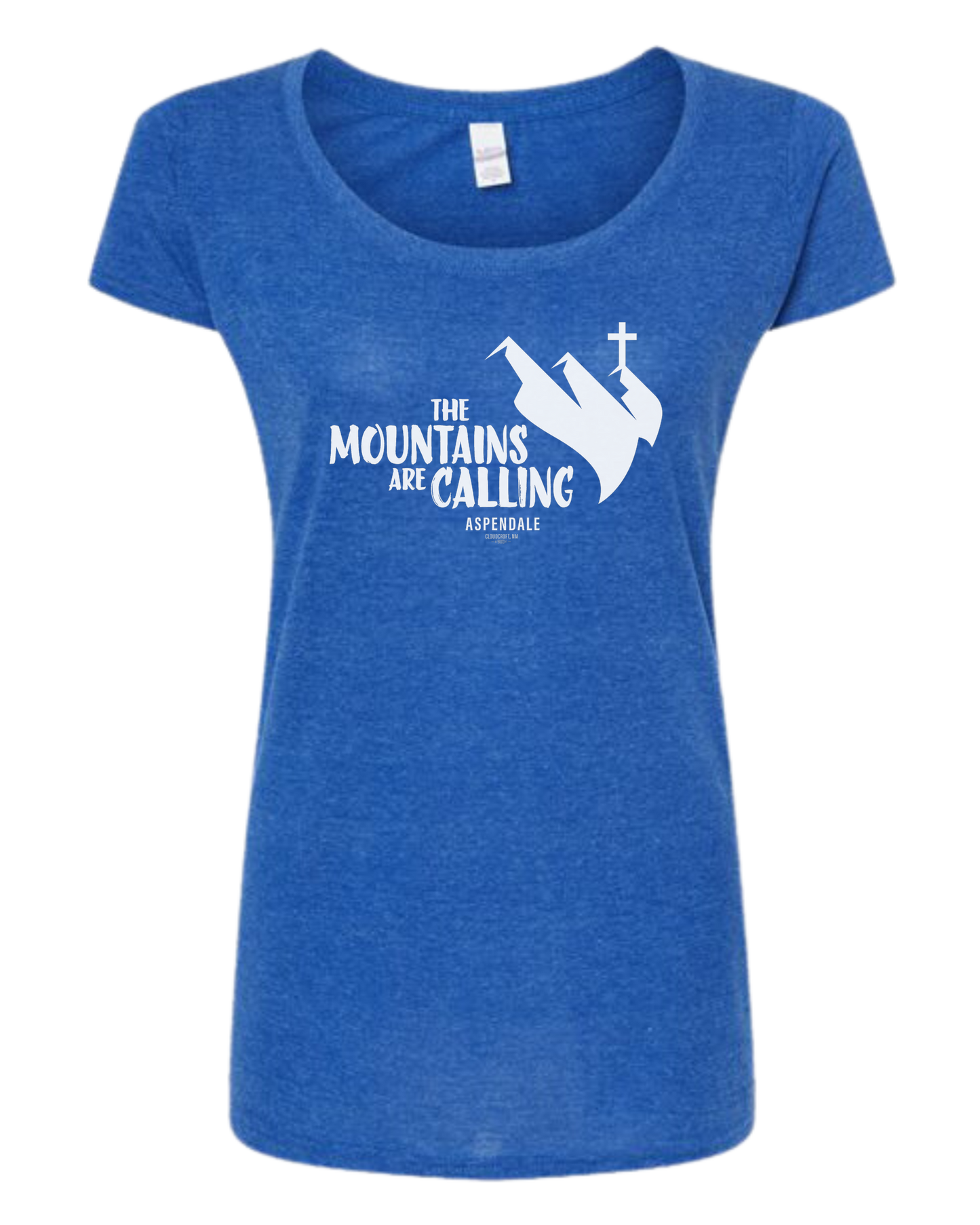 Aspendale "Mountains are Calling" graphic (white) Women's fit scoop neck tee Royal Blue