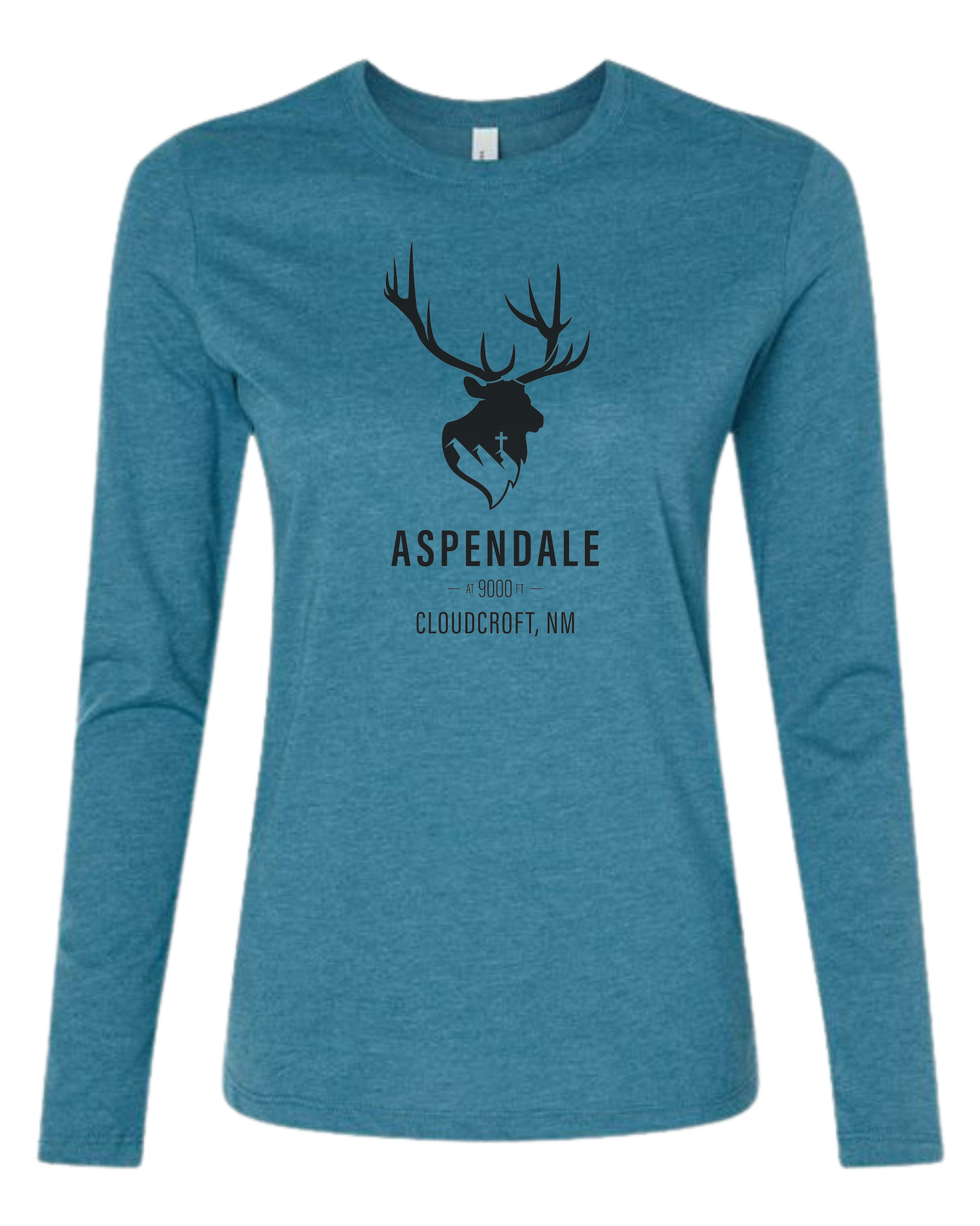 Aspendale at 9000ft (black) Women's fit crewneck long sleeve fit Heather Teal