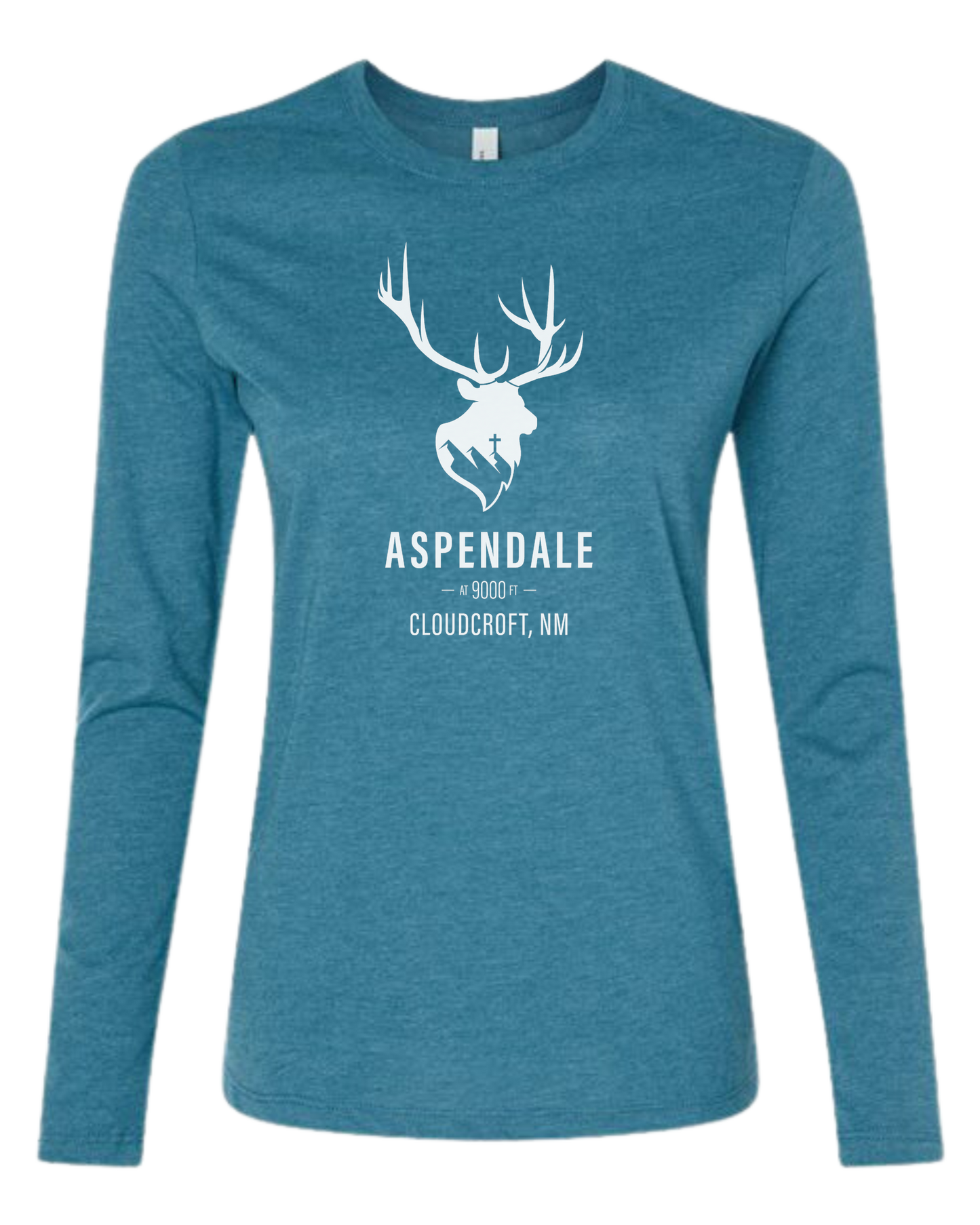 Aspendale at 9000ft (white) Women's fit crewneck long sleeve fit Heather Teal