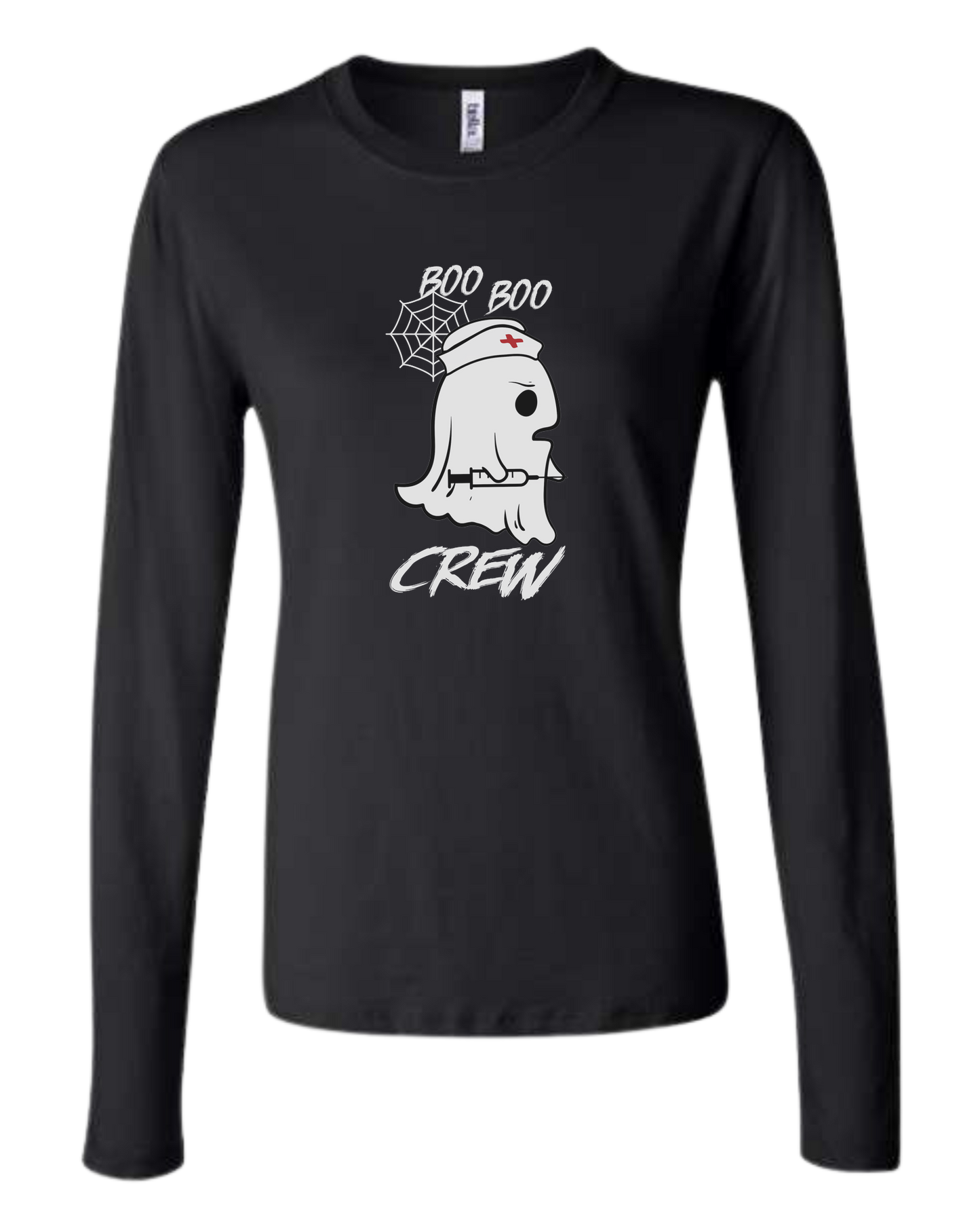 "Boo Boo Crew" ghost nurse holding syringe graphic tee Women's fit crewneck long sleeve fit Black