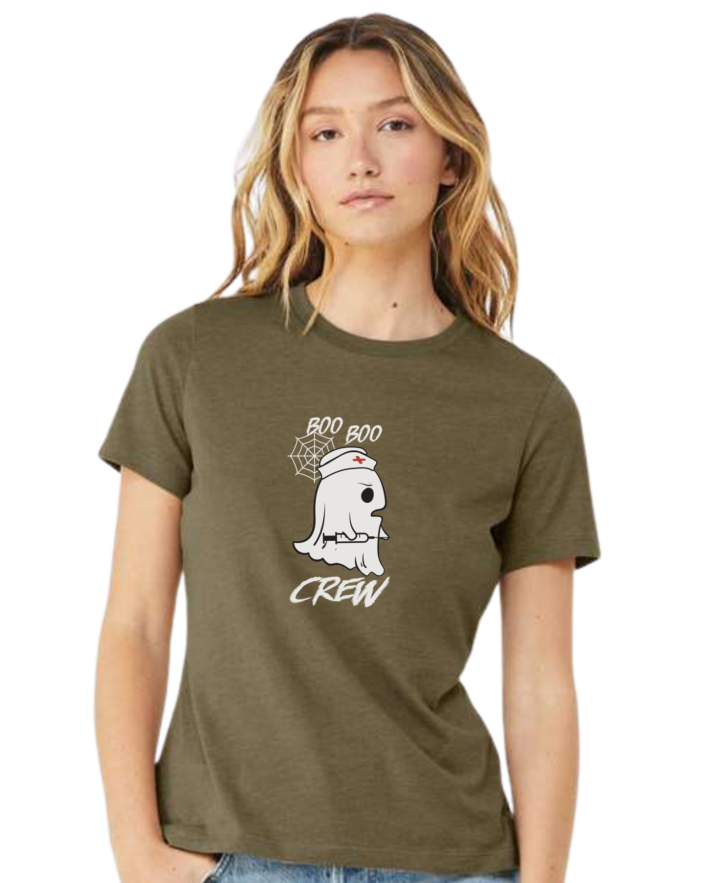 "Boo Boo Crew" ghost nurse holding syringe graphic tee Women's fit premium crewneck tee Olive