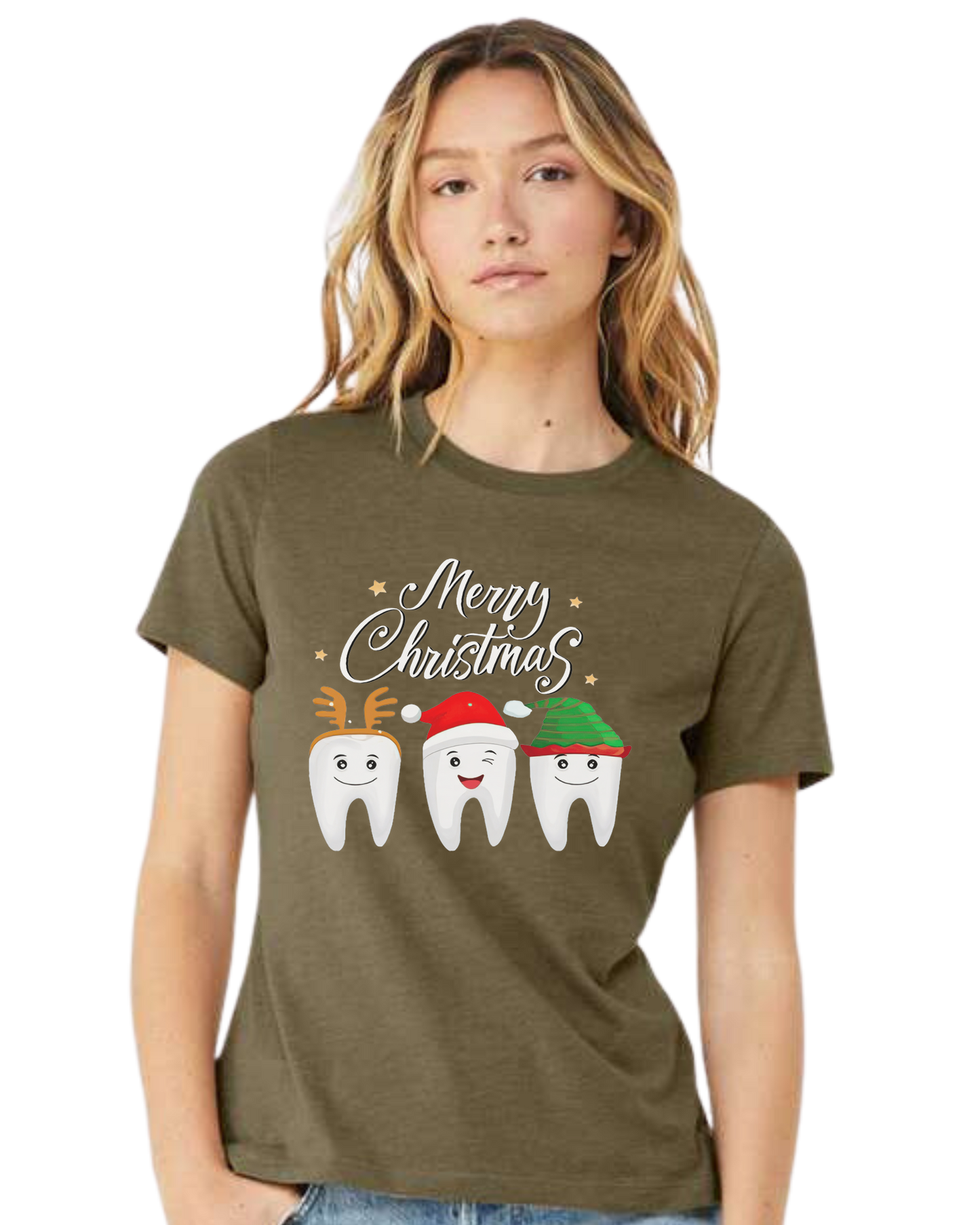Christmas tooth characters "Merry Christmas" design Women's fit premium crewneck tee Olive