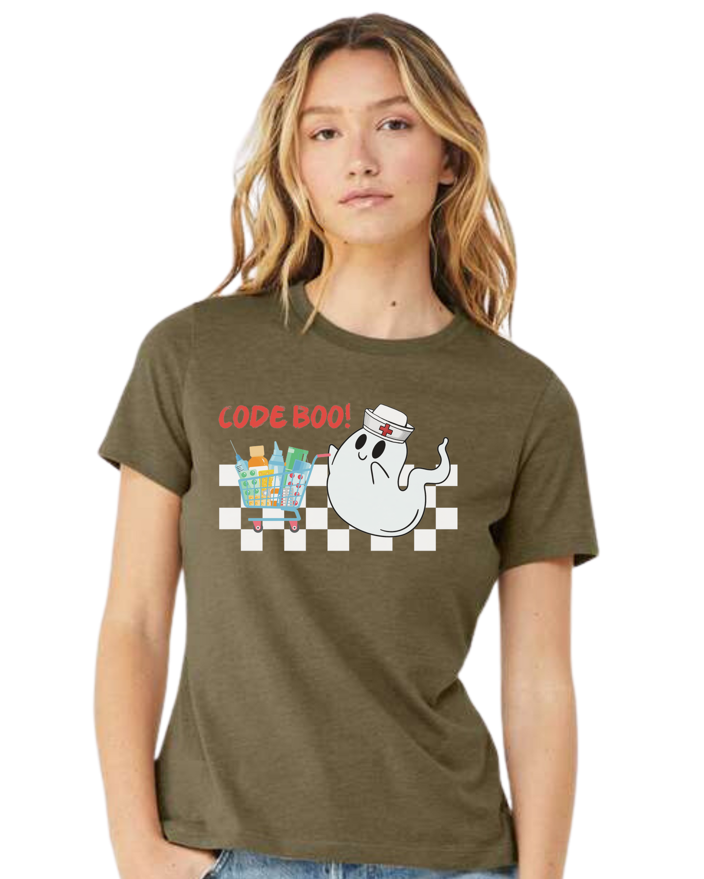 "Code Boo" Nursing ghost Women's fit premium crewneck tee Olive