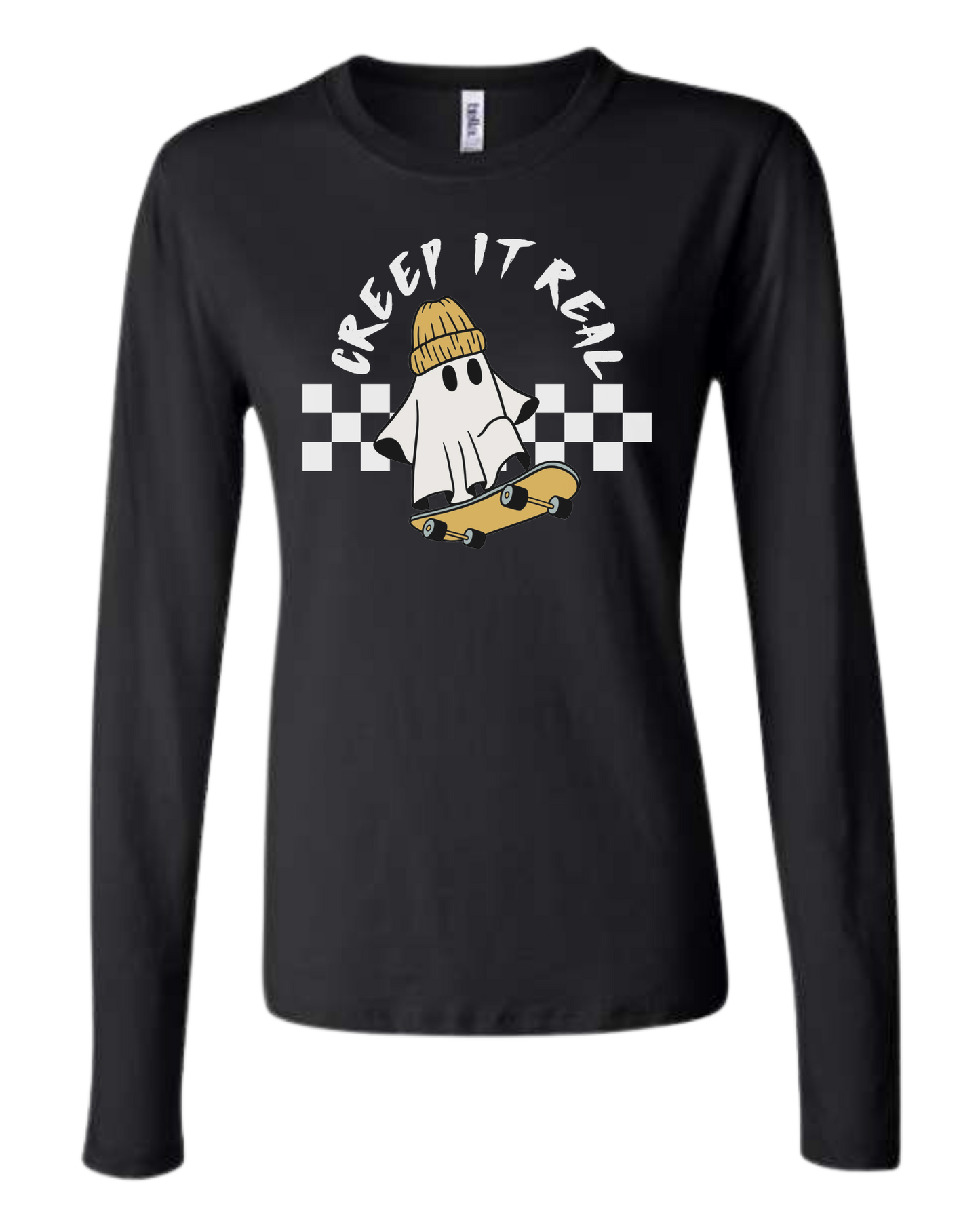 Creep it Real skater ghost graphic tee Women's fit crewneck long sleeve fit Black