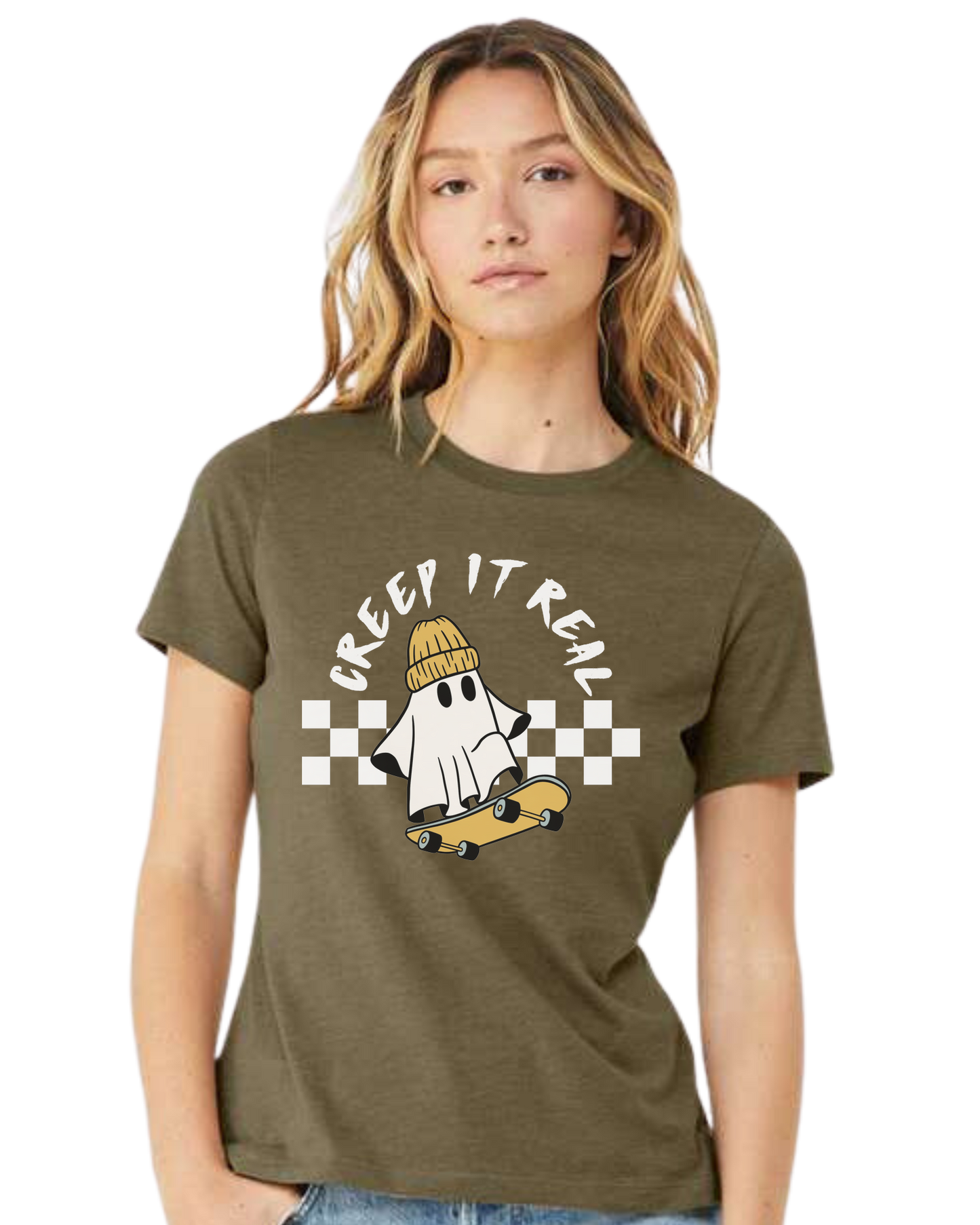 Creep it Real skater ghost graphic tee Women's fit premium crewneck tee Olive