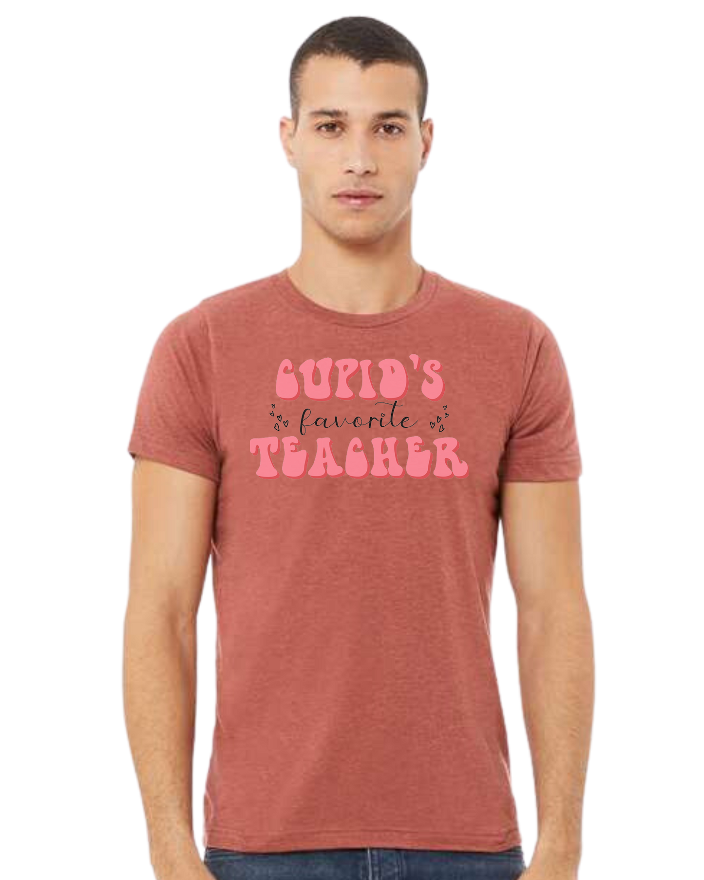 "Cupid's Favorite Teacher" groovy font design Premium unisex crewneck tee Heather Clay