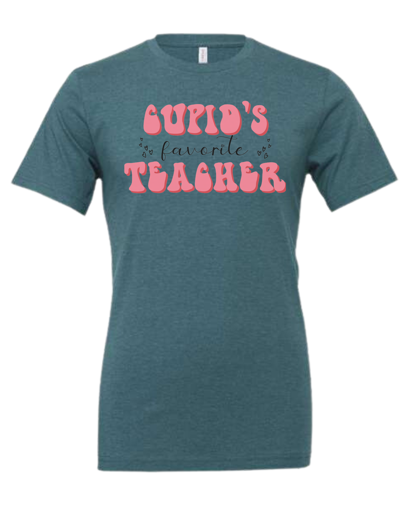 "Cupid's Favorite Teacher" groovy font design Premium unisex crewneck tee Heather Teal