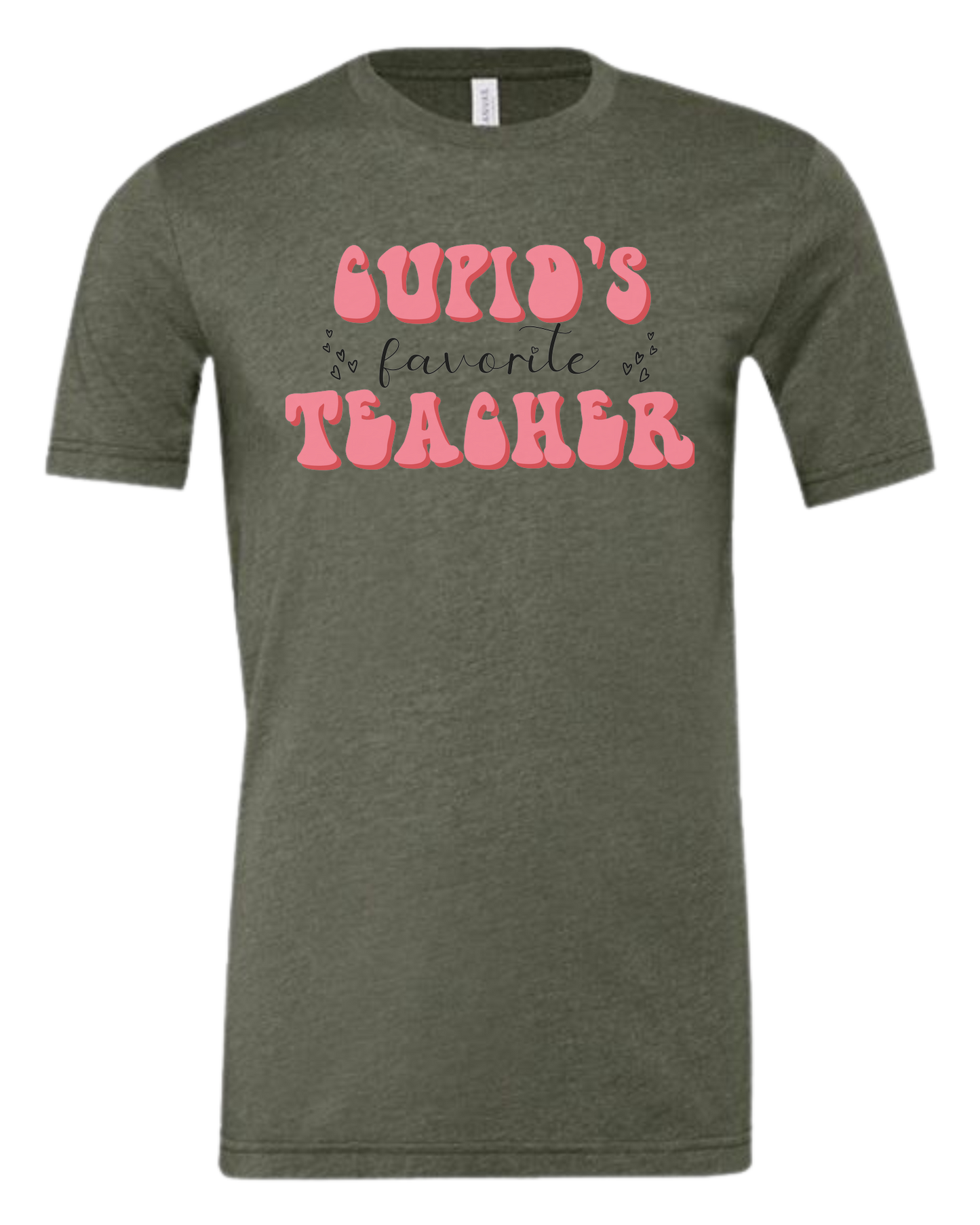 "Cupid's Favorite Teacher" groovy font design Premium unisex crewneck tee Military Green