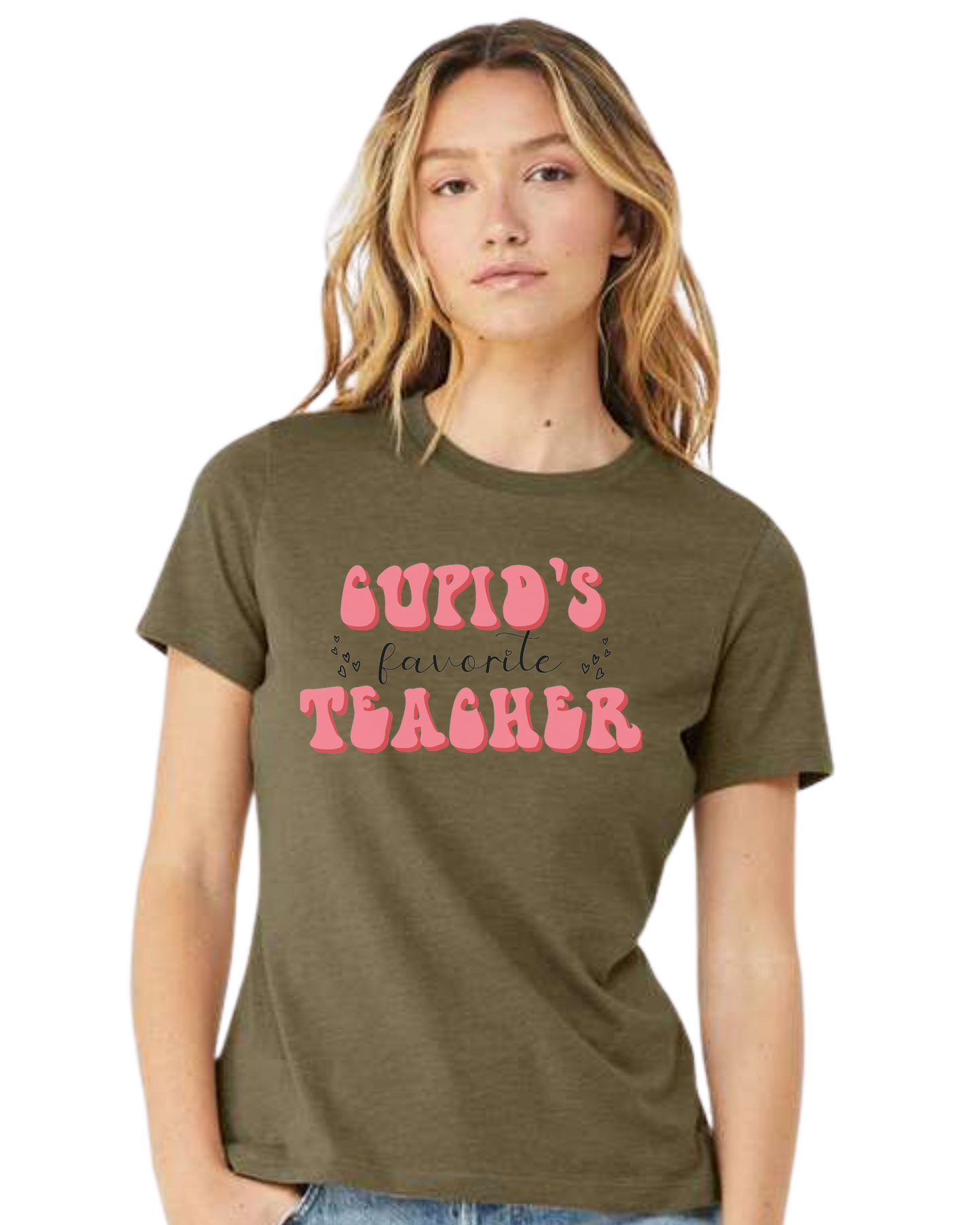 "Cupid's Favorite Teacher" groovy font design Women's fit premium crewneck tee Olive