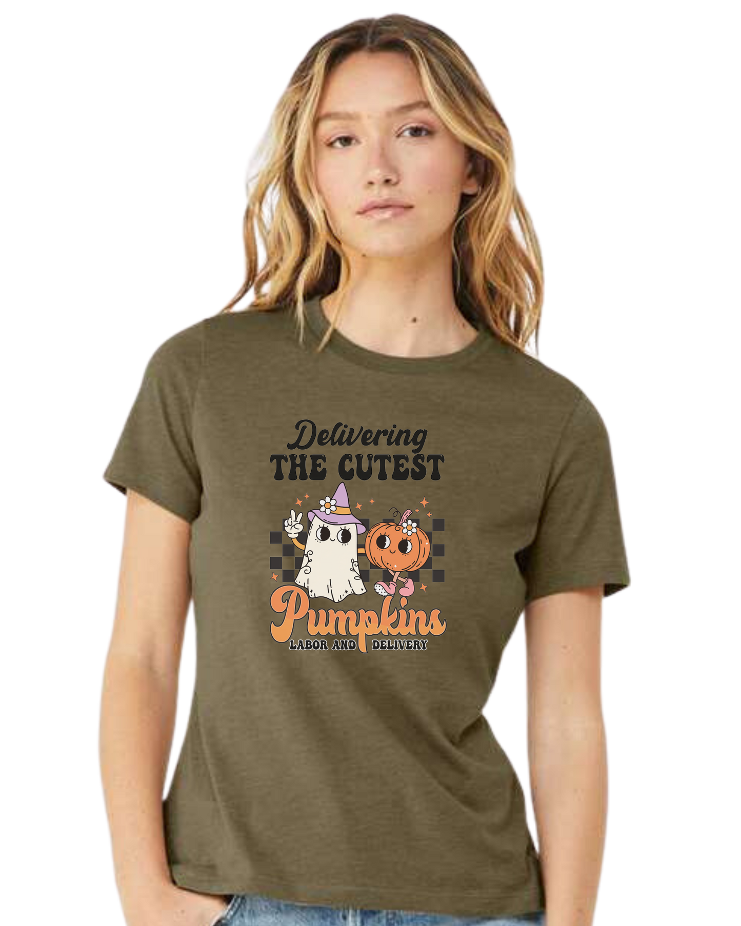 "Delivering the Cutest Pumpkins" Nursing designs Women's fit premium crewneck tee Olive
