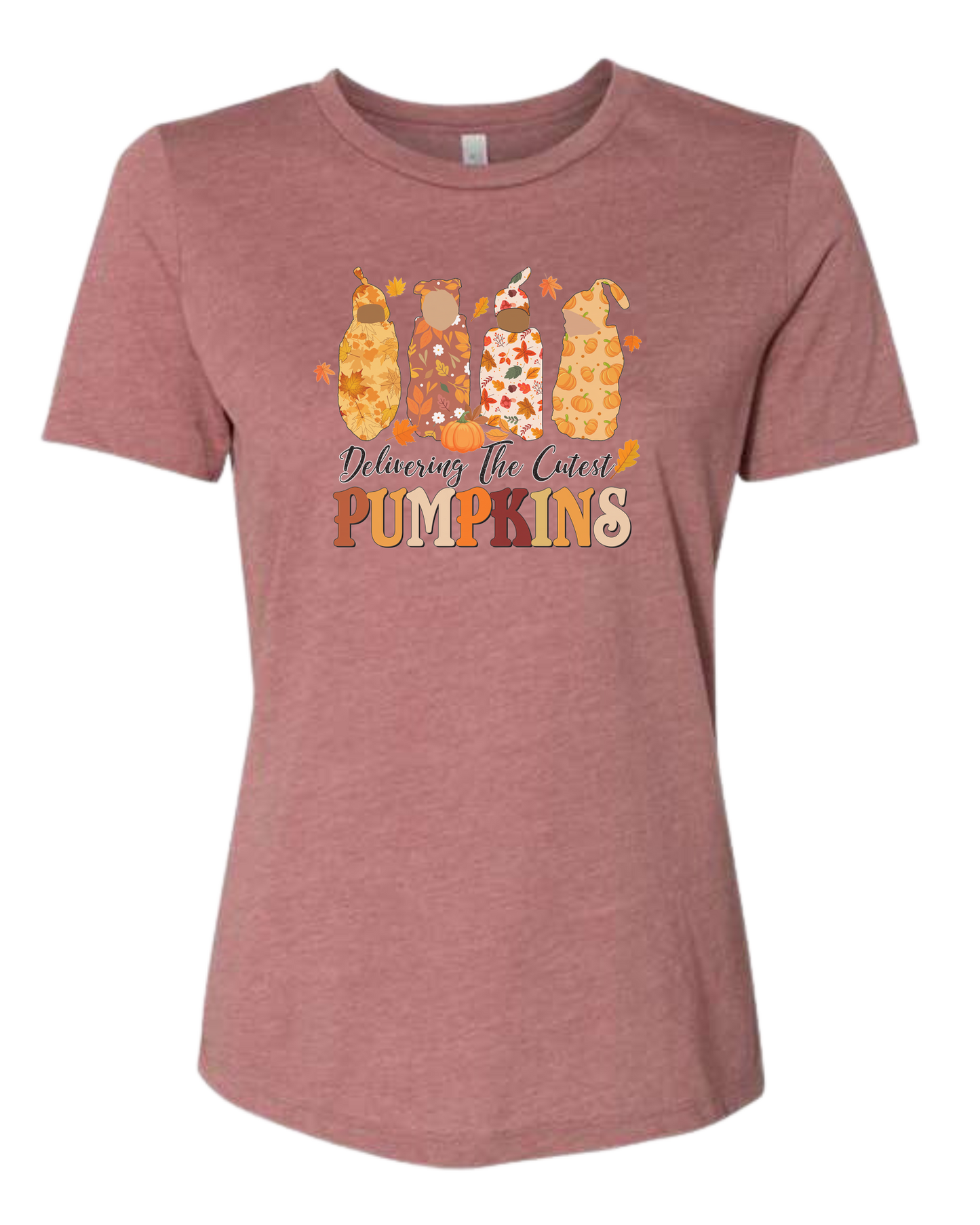 "Delivering the Cutest Pumpkins" nursing L&D graphic Women's fit premium crewneck tee Mauve Pink