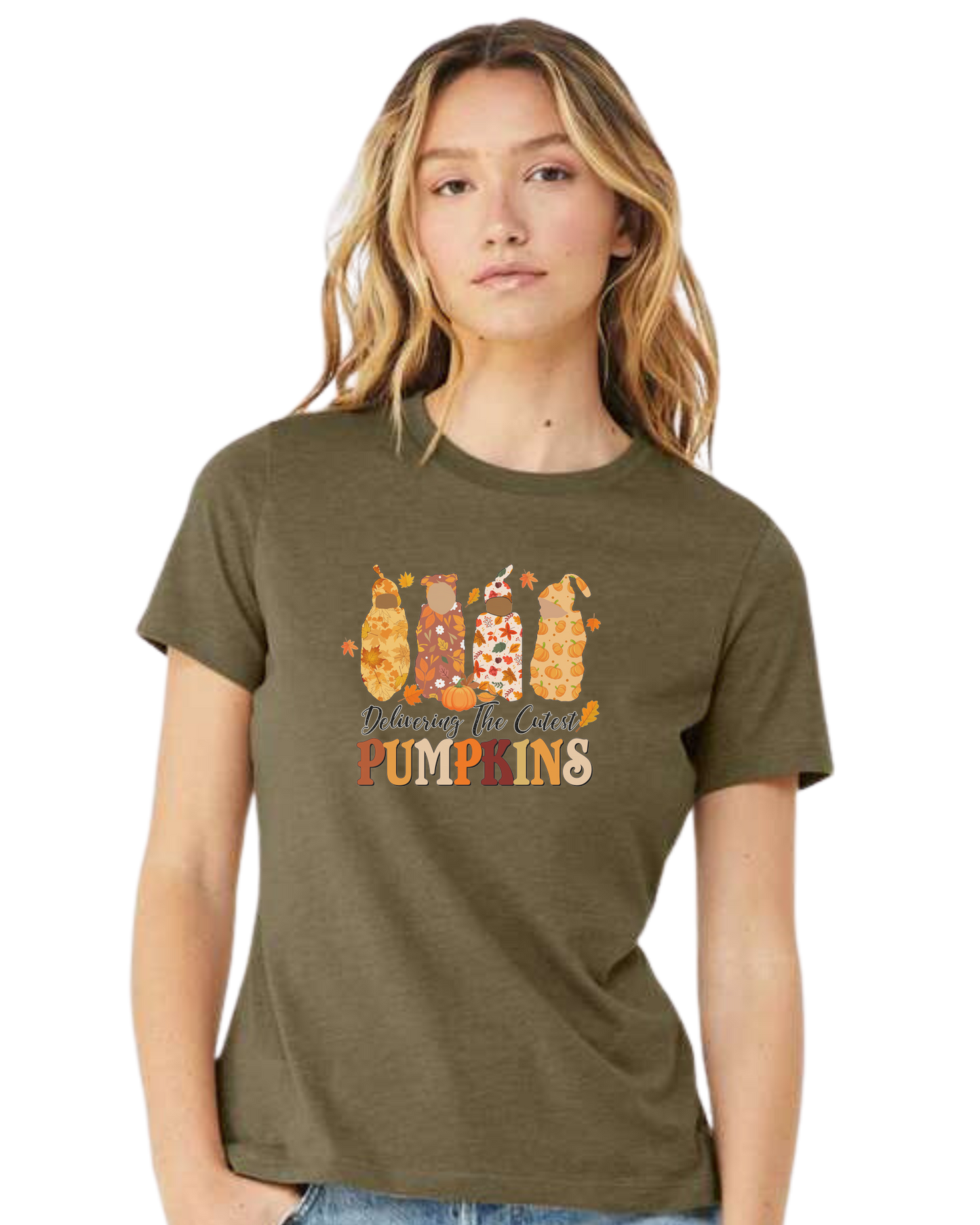 "Delivering the Cutest Pumpkins" nursing L&D graphic Women's fit premium crewneck tee Olive