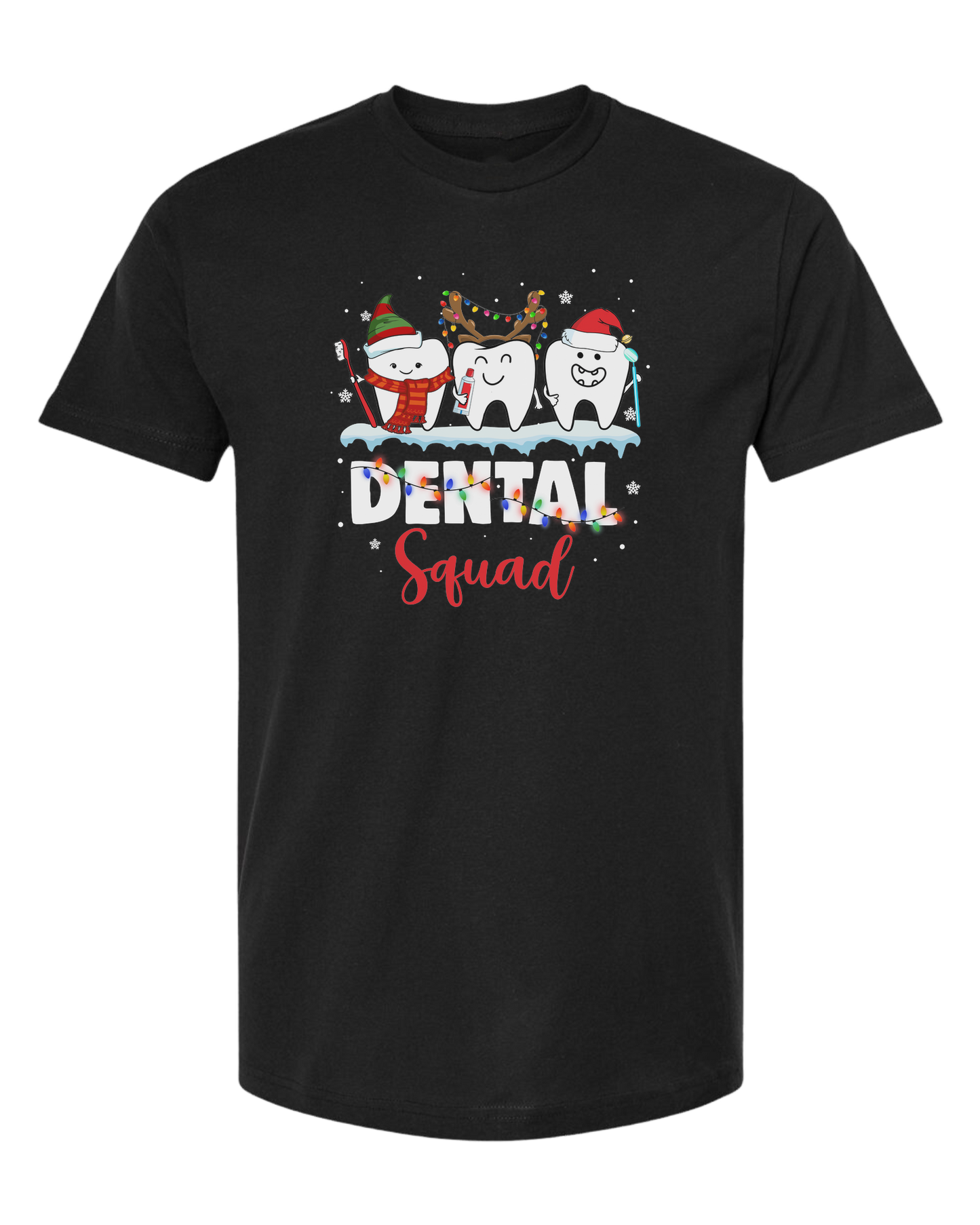 "Dental Squad" Christmas teeth characters graphic Unisex crew-neck graphic tee Black