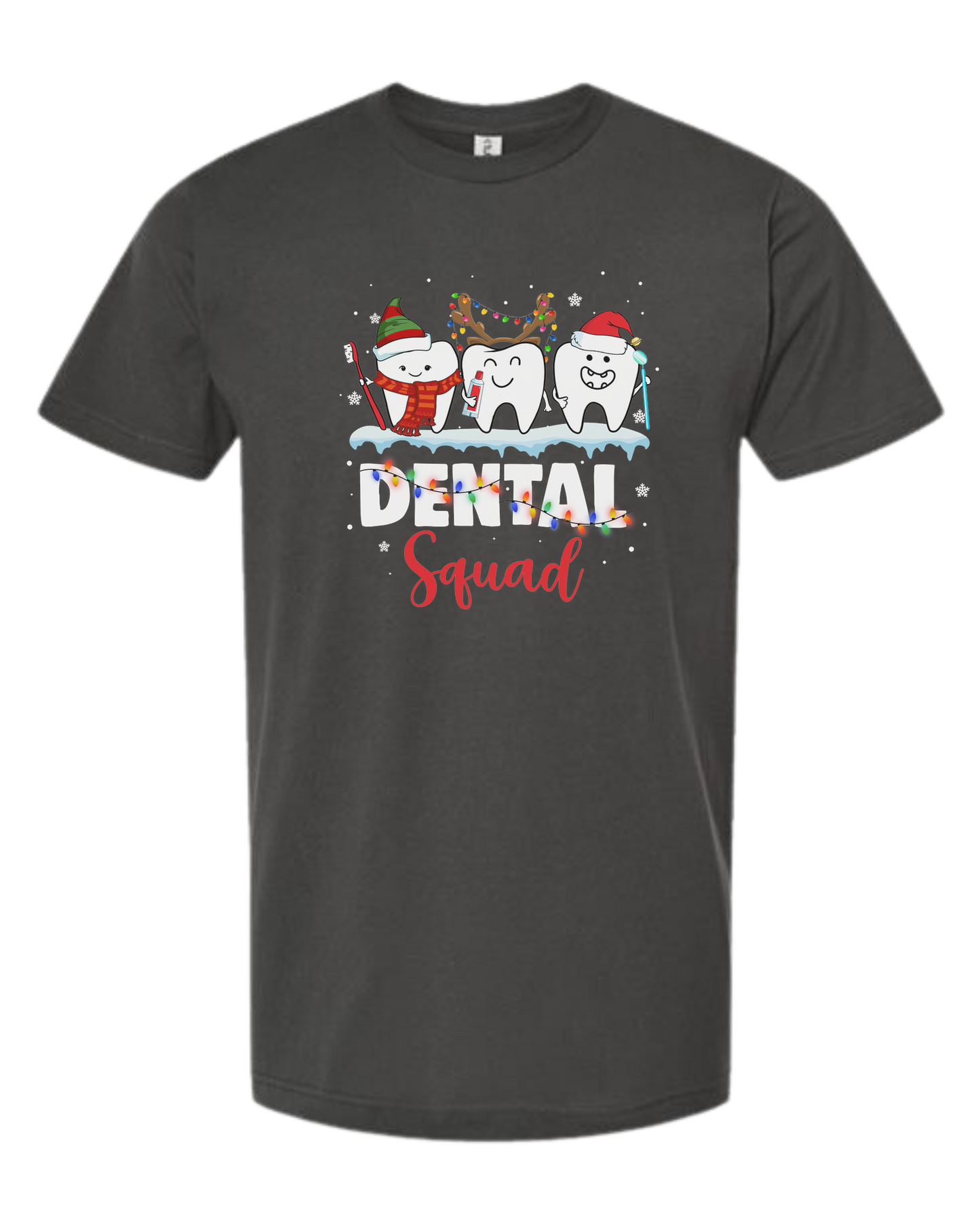 "Dental Squad" Christmas teeth characters graphic Unisex crew-neck graphic tee Charcoal Grey