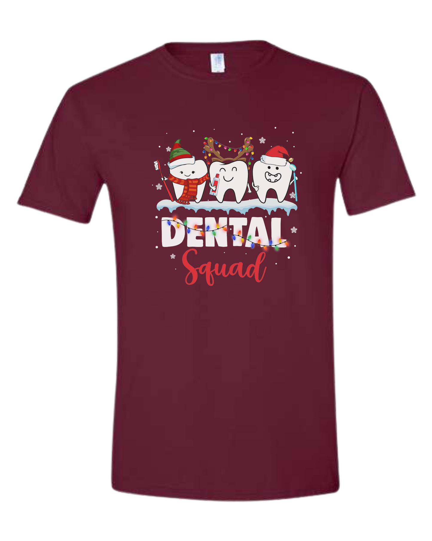 "Dental Squad" Christmas teeth characters graphic Unisex crew-neck graphic tee Maroon