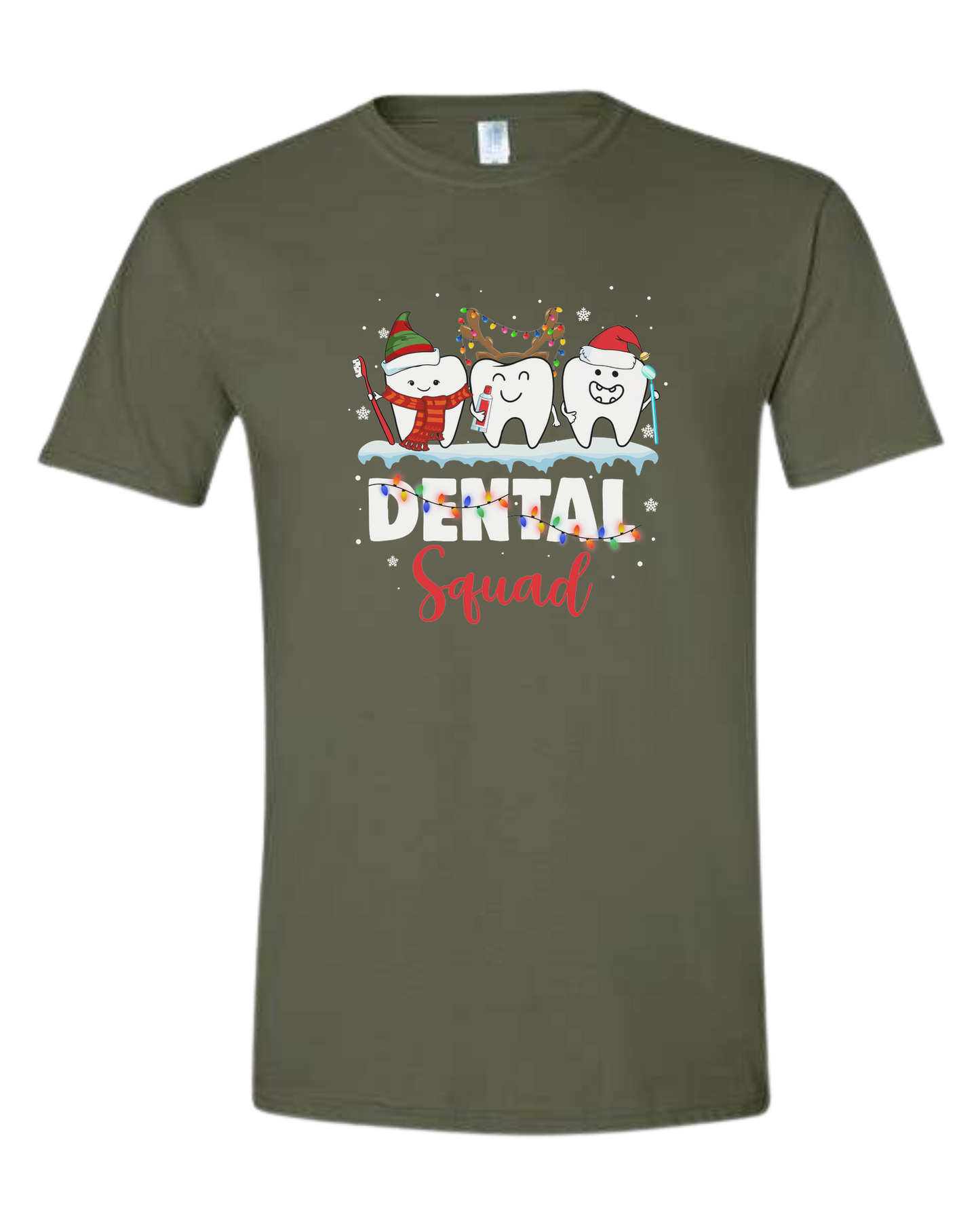 "Dental Squad" Christmas teeth characters graphic Unisex crew-neck graphic tee Military Green