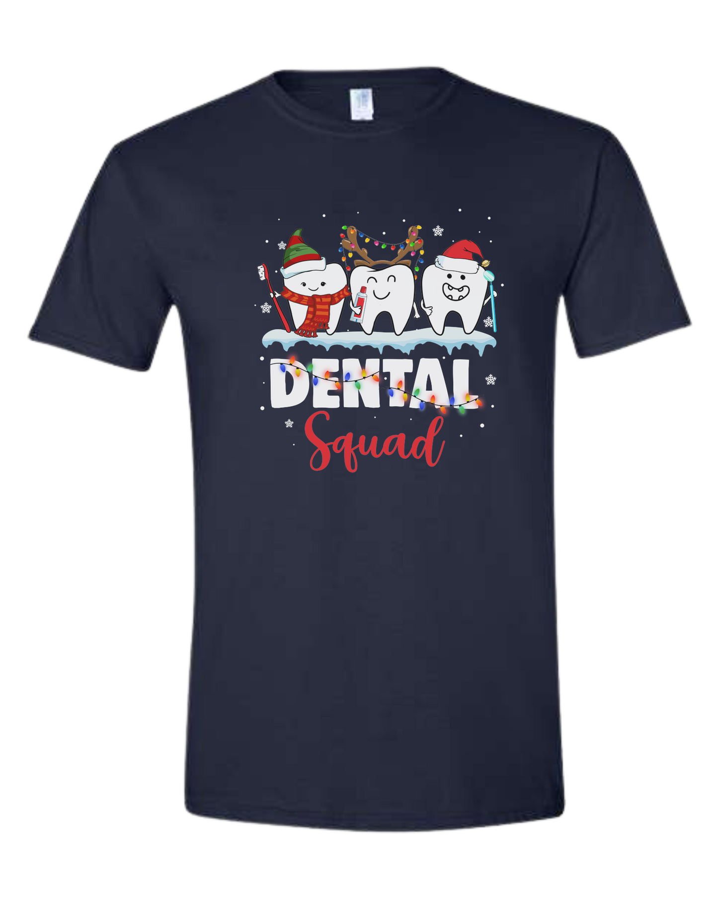 "Dental Squad" Christmas teeth characters graphic Unisex crew-neck graphic tee Navy Blue