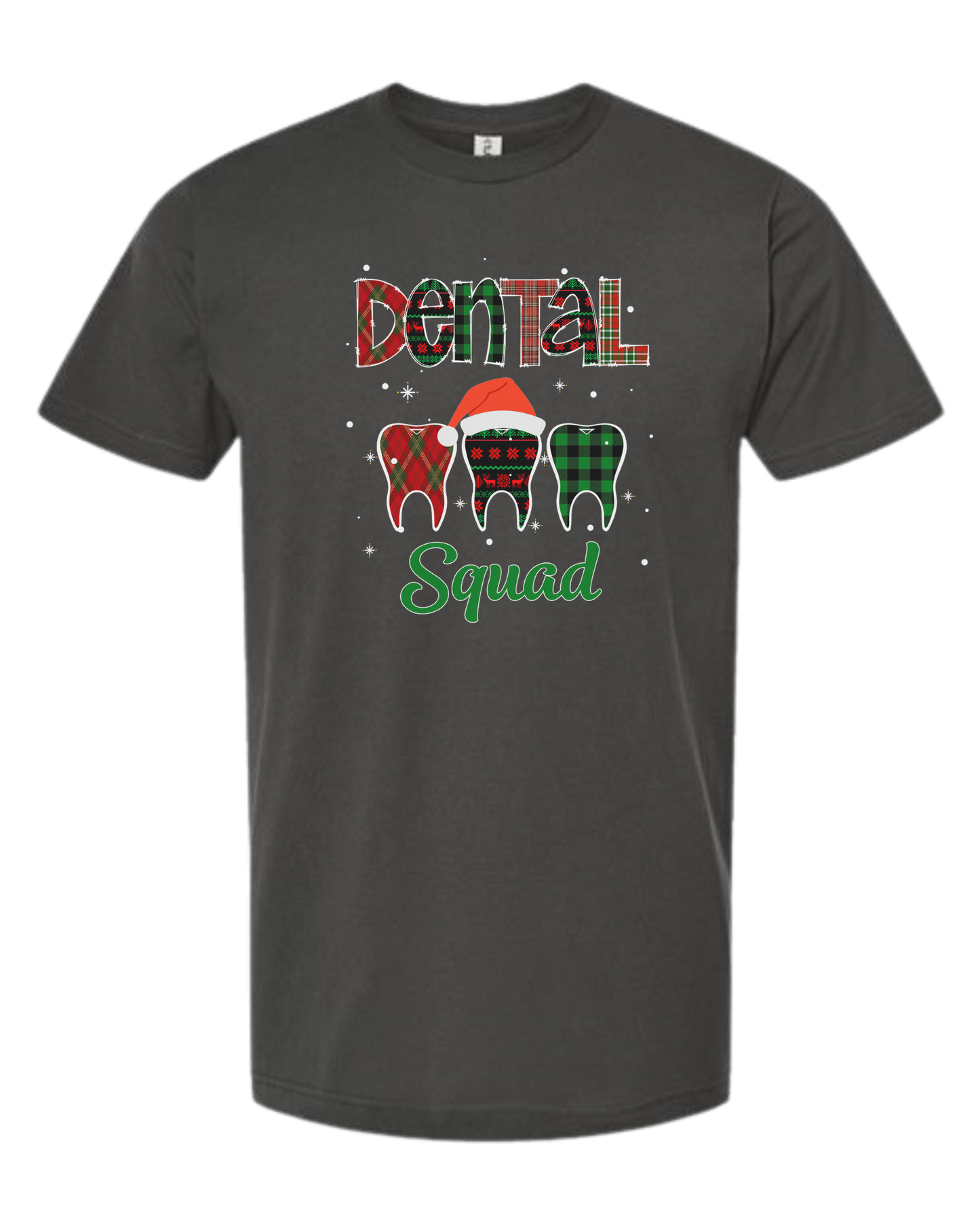 "Dental Squad" buffalo plaid teeth graphic Unisex crew-neck graphic tee Charcoal Grey
