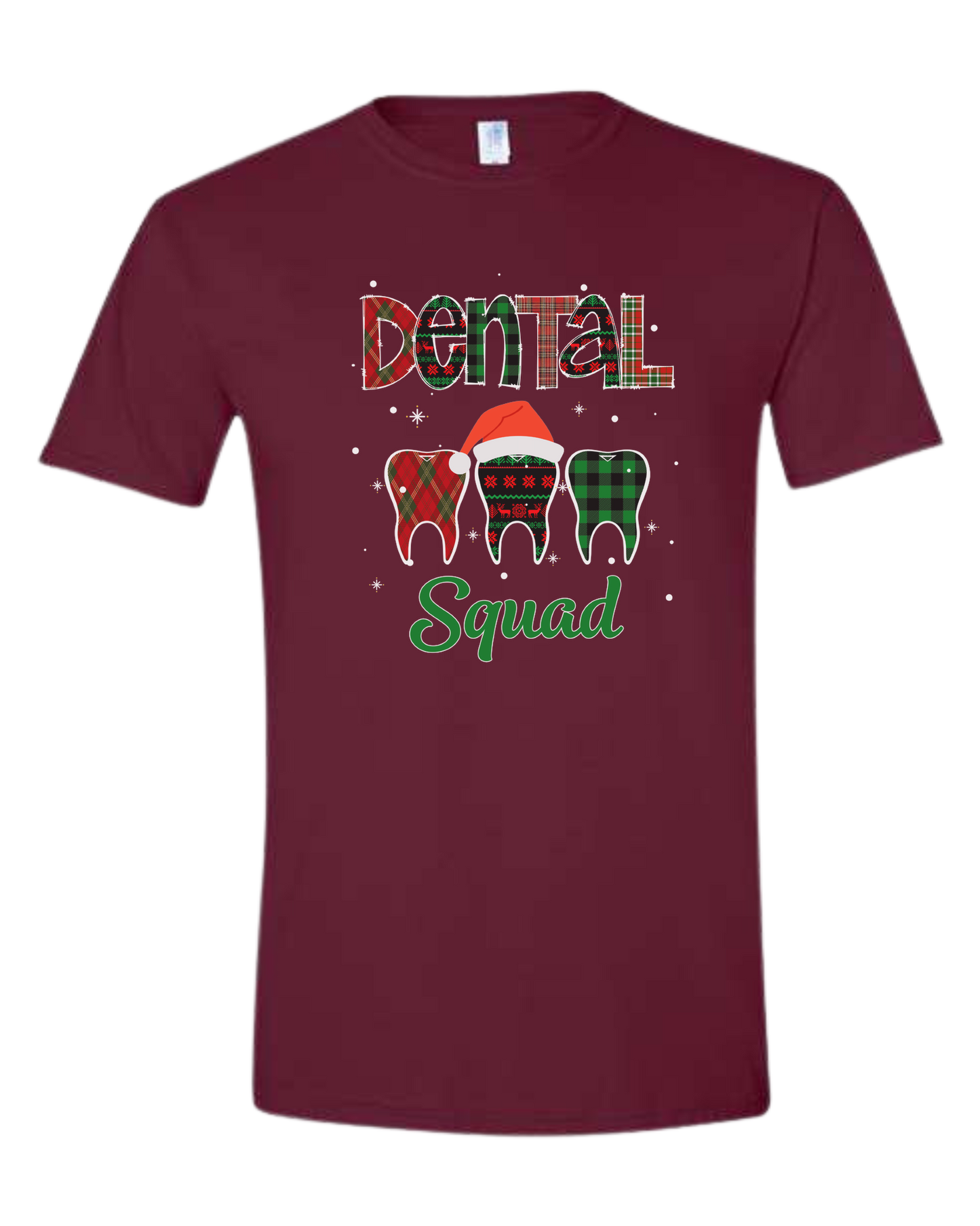 "Dental Squad" buffalo plaid teeth graphic Unisex crew-neck graphic tee Maroon
