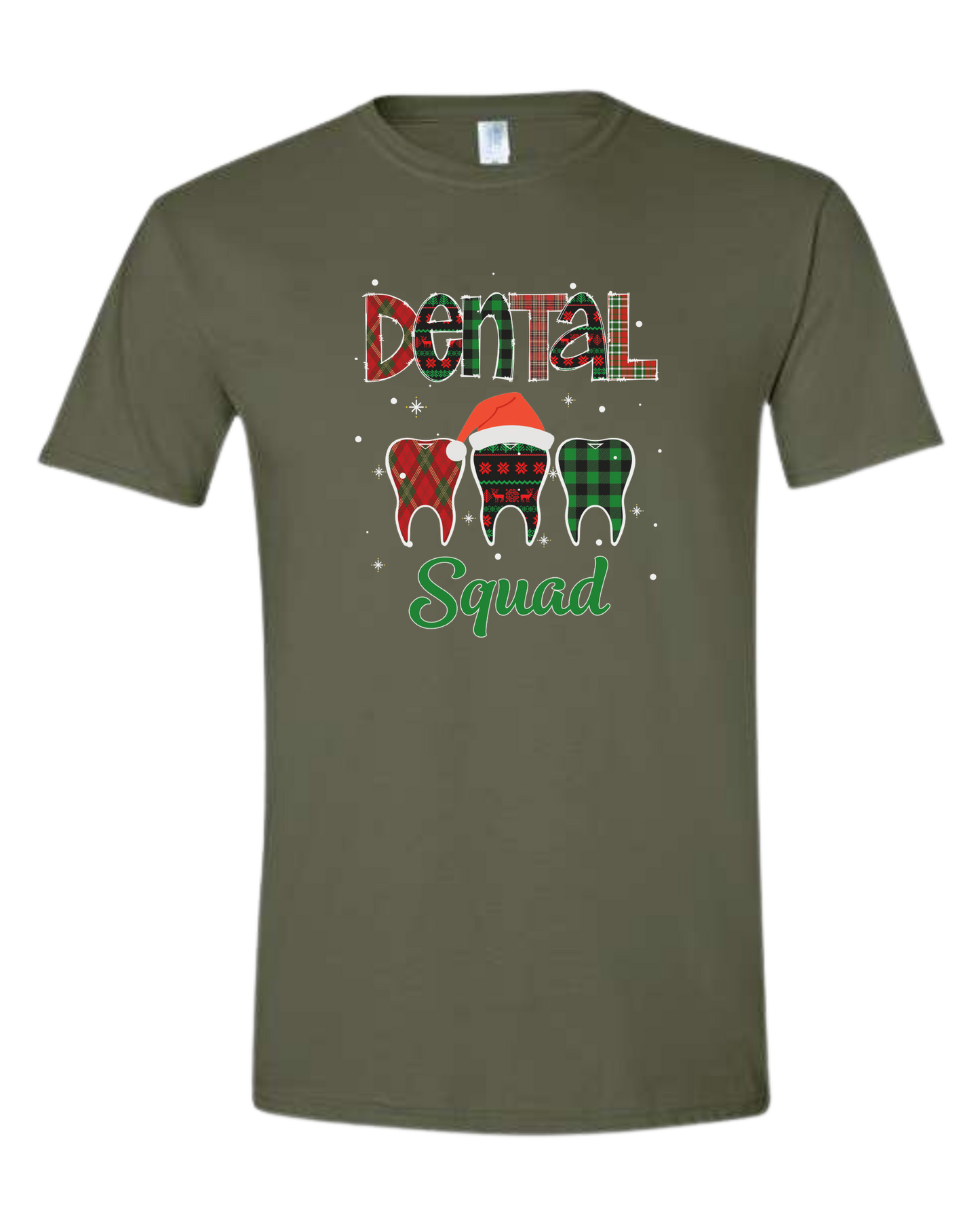 "Dental Squad" buffalo plaid teeth graphic Unisex crew-neck graphic tee Military Green