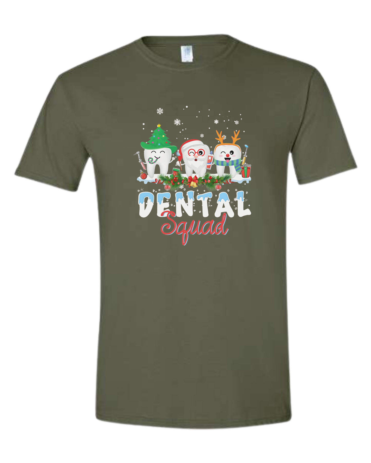"Dental Squad" frozen font graphic Unisex crew-neck graphic tee Military Green