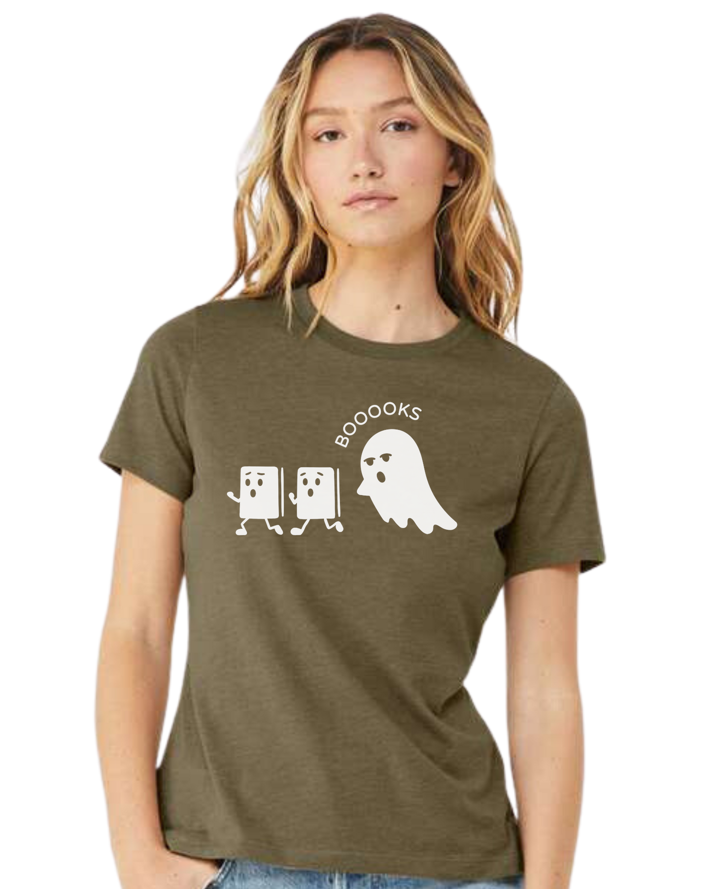 Ghost chasing Boooo-ks graphic tee Women's fit premium crewneck tee Olive