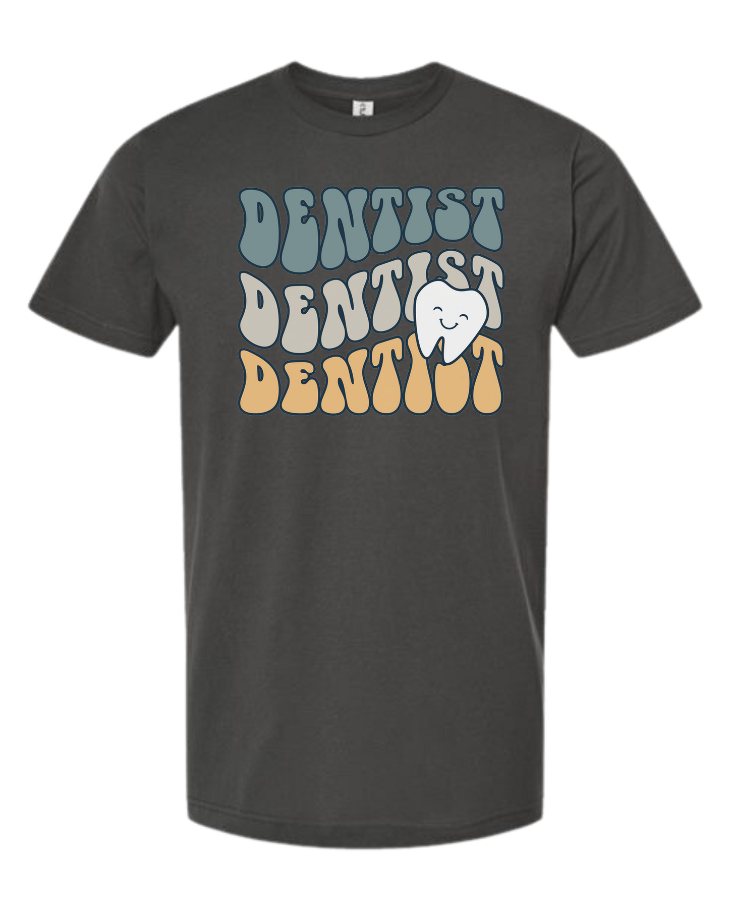 Groovy Font "DENTIST, DENTIST, DENTIST" design Unisex crew-neck graphic tee Charcoal Grey