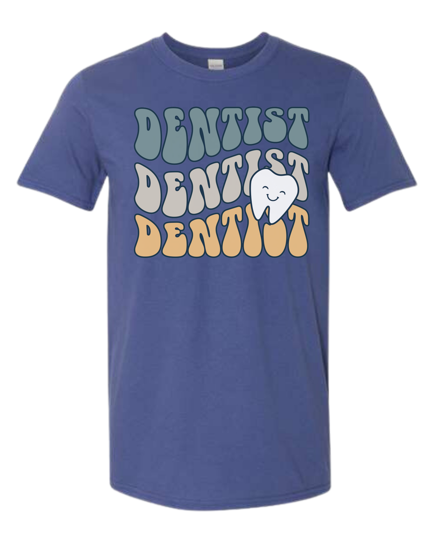 Groovy Font "DENTIST, DENTIST, DENTIST" design Unisex crew-neck graphic tee Metro Blue