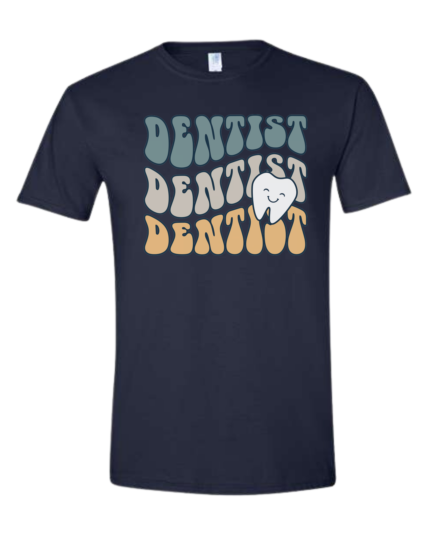 Groovy Font "DENTIST, DENTIST, DENTIST" design Unisex crew-neck graphic tee Navy Blue