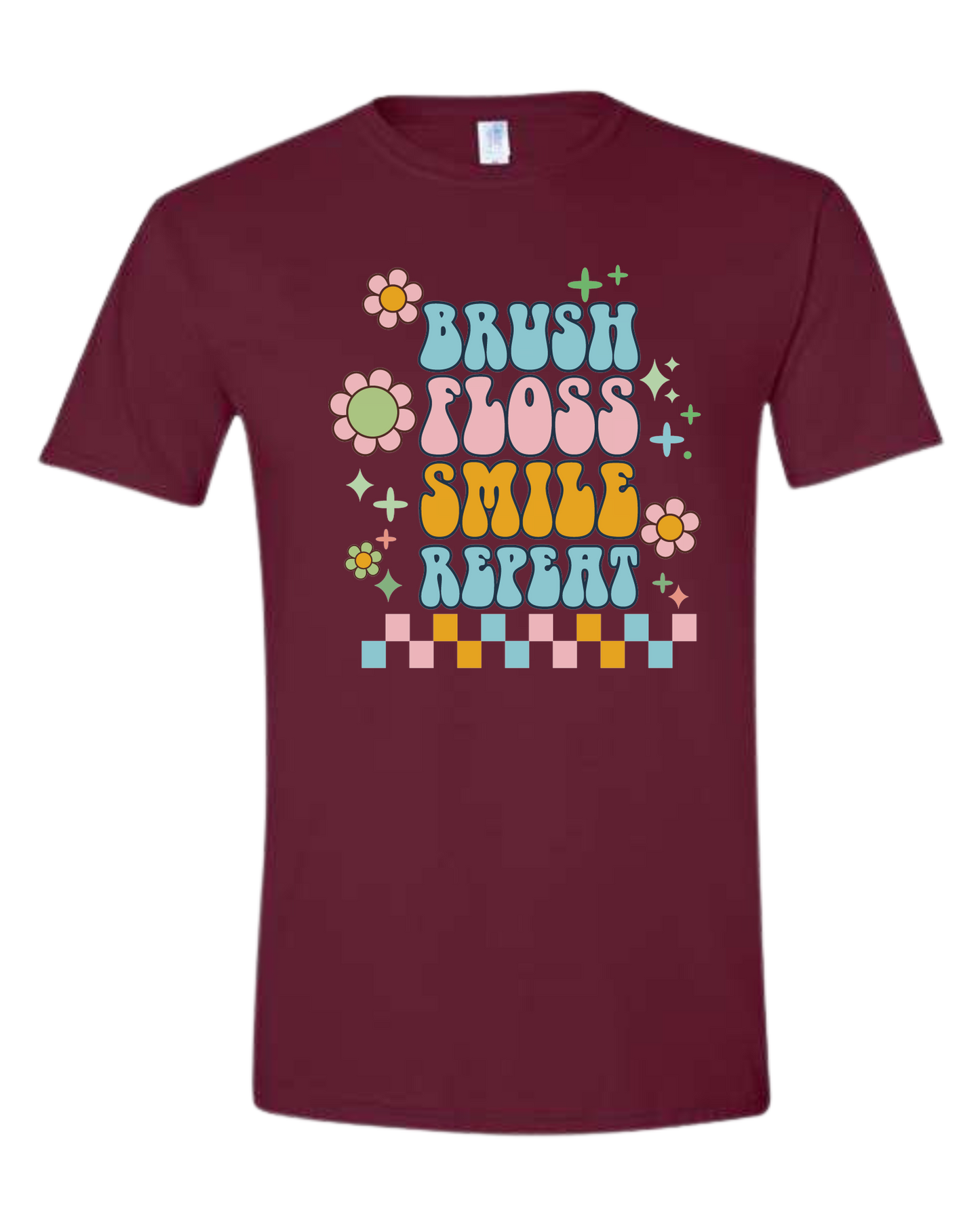 Groovy "Brush, Floss, Smile, Repeat" graphic Unisex crew-neck graphic tee Maroon
