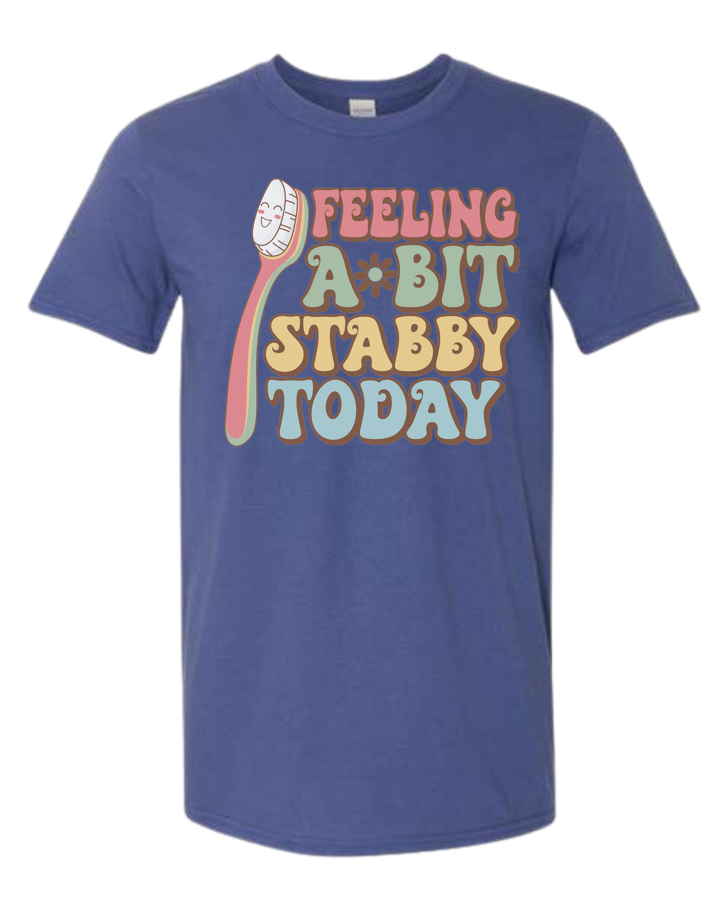 Groovy font "Feeling a bit Stabby" with large toothbrush graphic Unisex crew-neck graphic tee Metro Blue