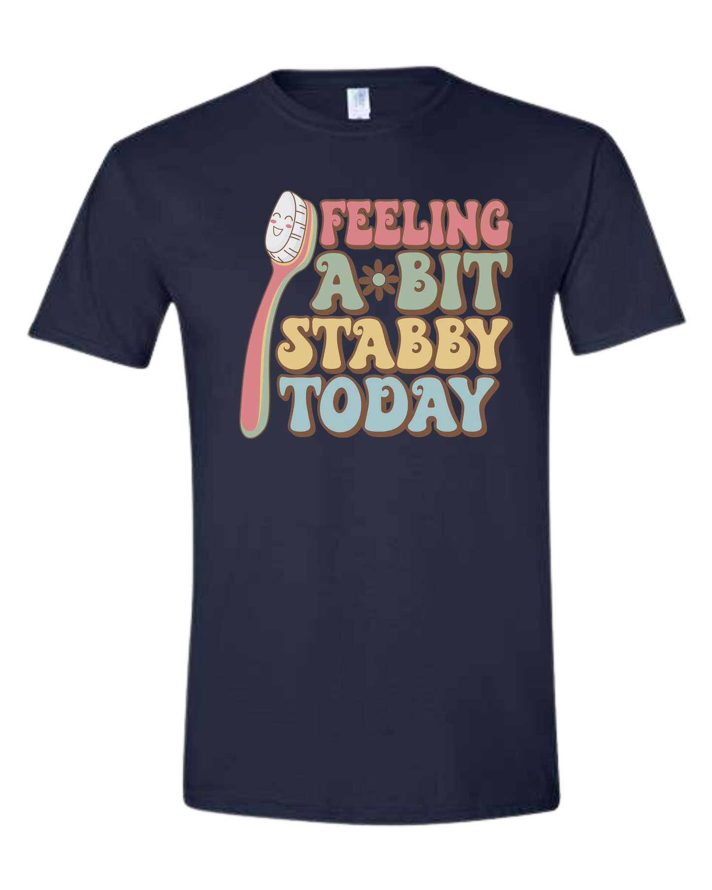 Groovy font "Feeling a bit Stabby" with large toothbrush graphic Unisex crew-neck graphic tee Navy Blue