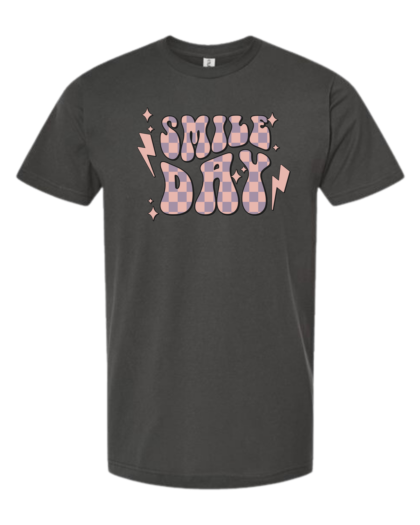 Groovy font large "SMILE DAY" graphic Unisex crew-neck graphic tee Charcoal Grey